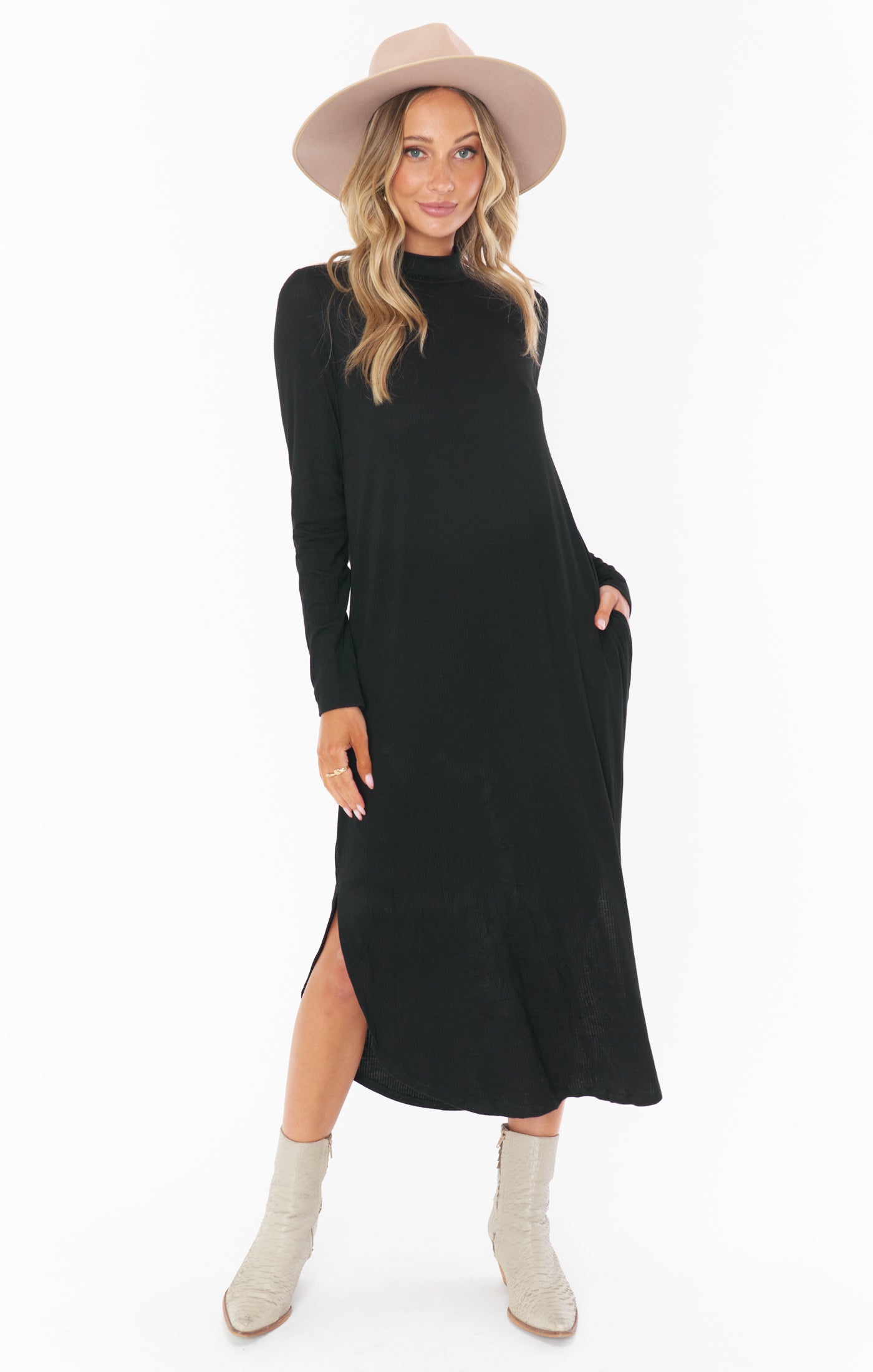 Black Rib Knit Midi Dress with Mock Turtleneck & Side Slit | Sutton