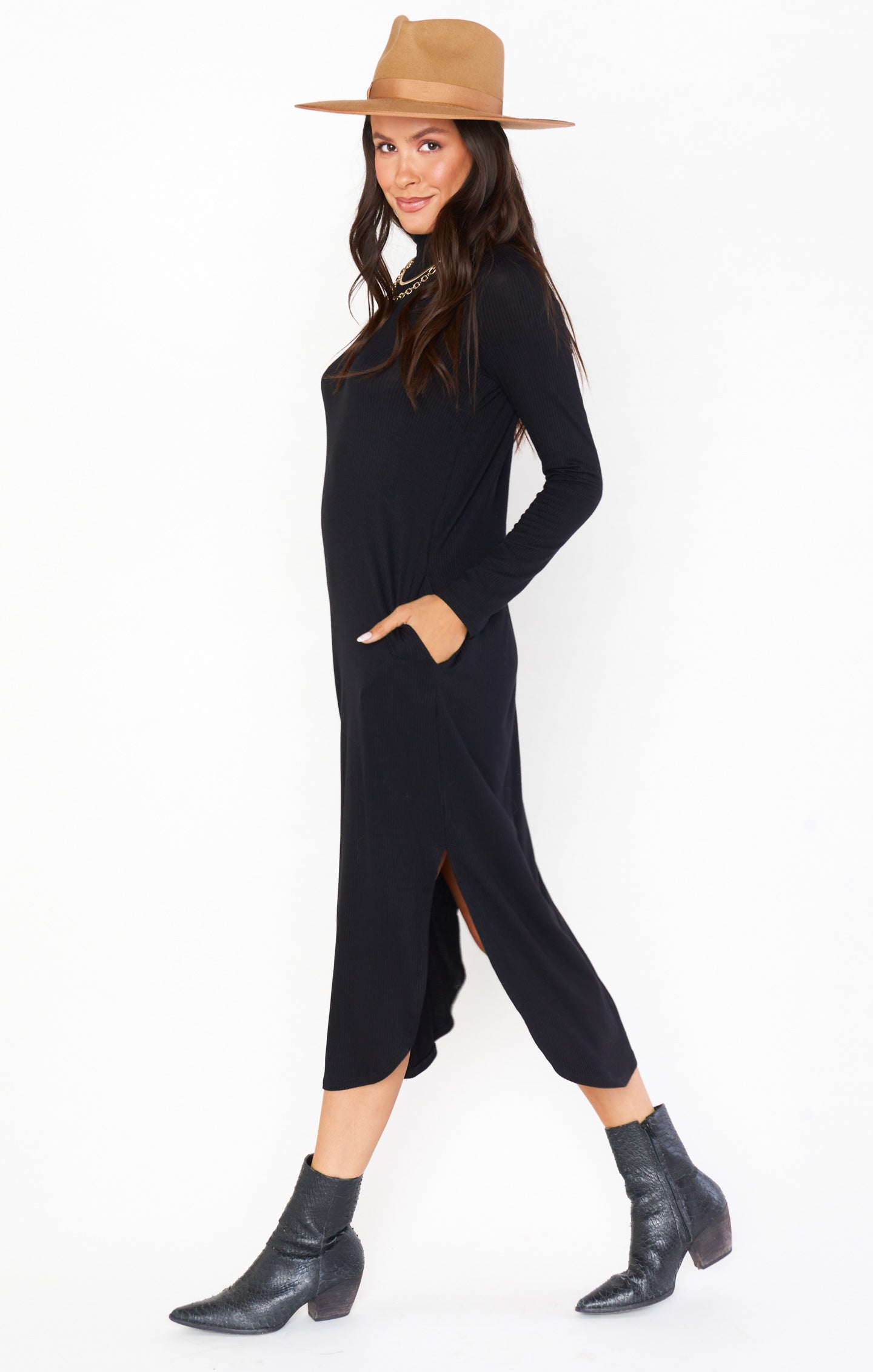 Black Rib Knit Midi Dress with Mock Turtleneck & Side Slit | Sutton
