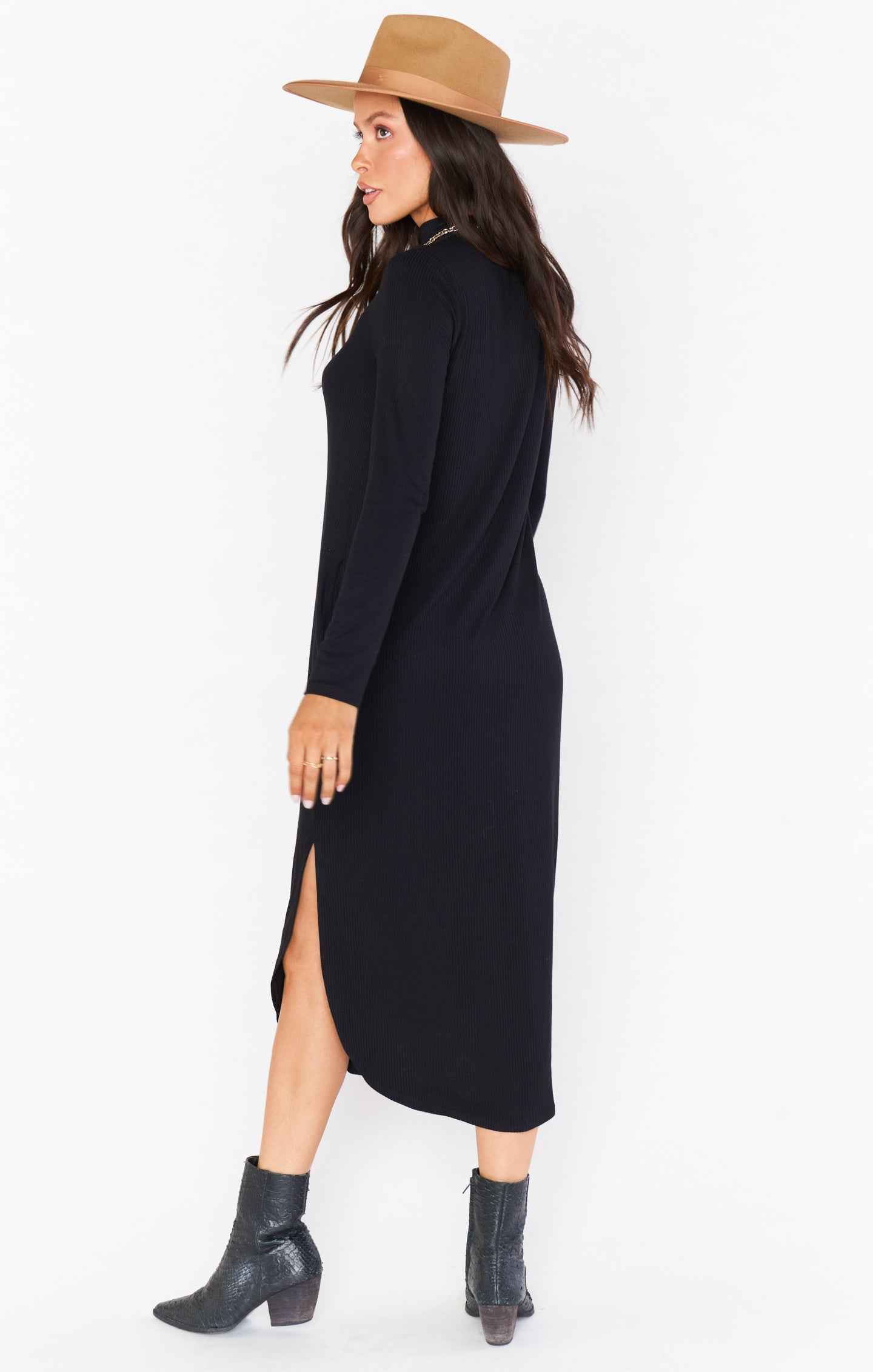 Black Rib Knit Midi Dress with Mock Turtleneck & Side Slit | Sutton