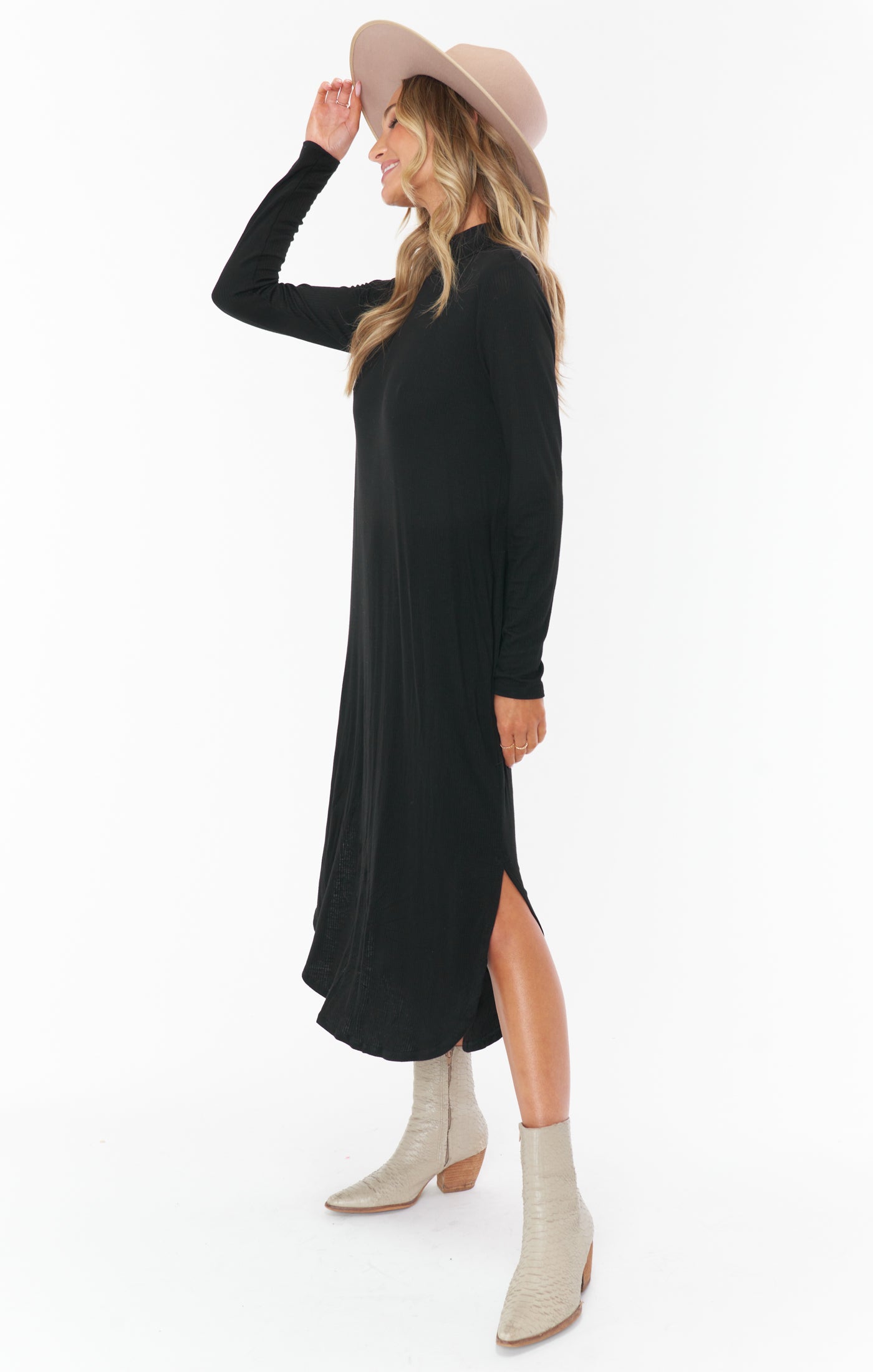 Black Rib Knit Midi Dress with Mock Turtleneck & Side Slit | Sutton