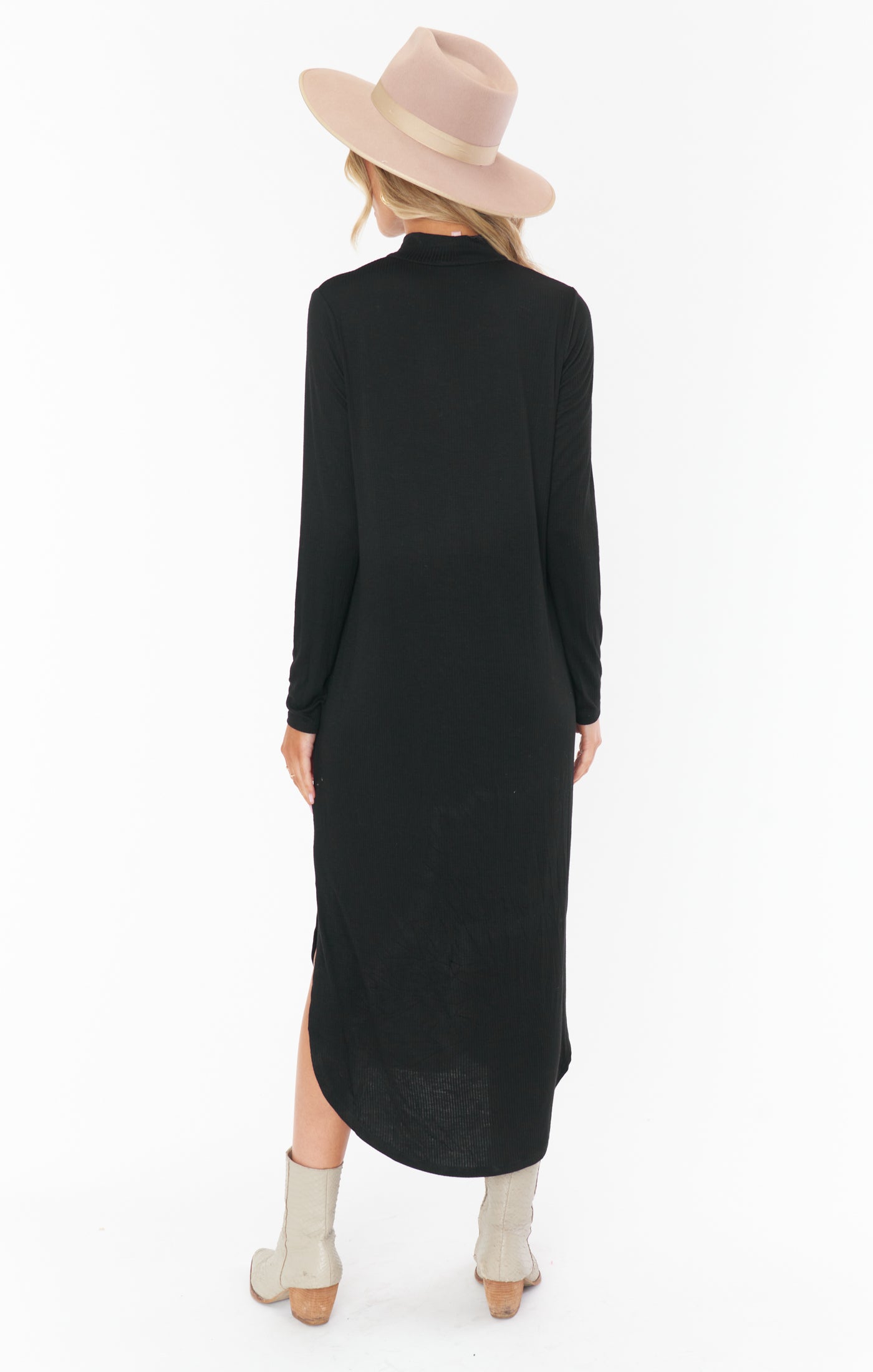 Black Rib Knit Midi Dress with Mock Turtleneck & Side Slit | Sutton
