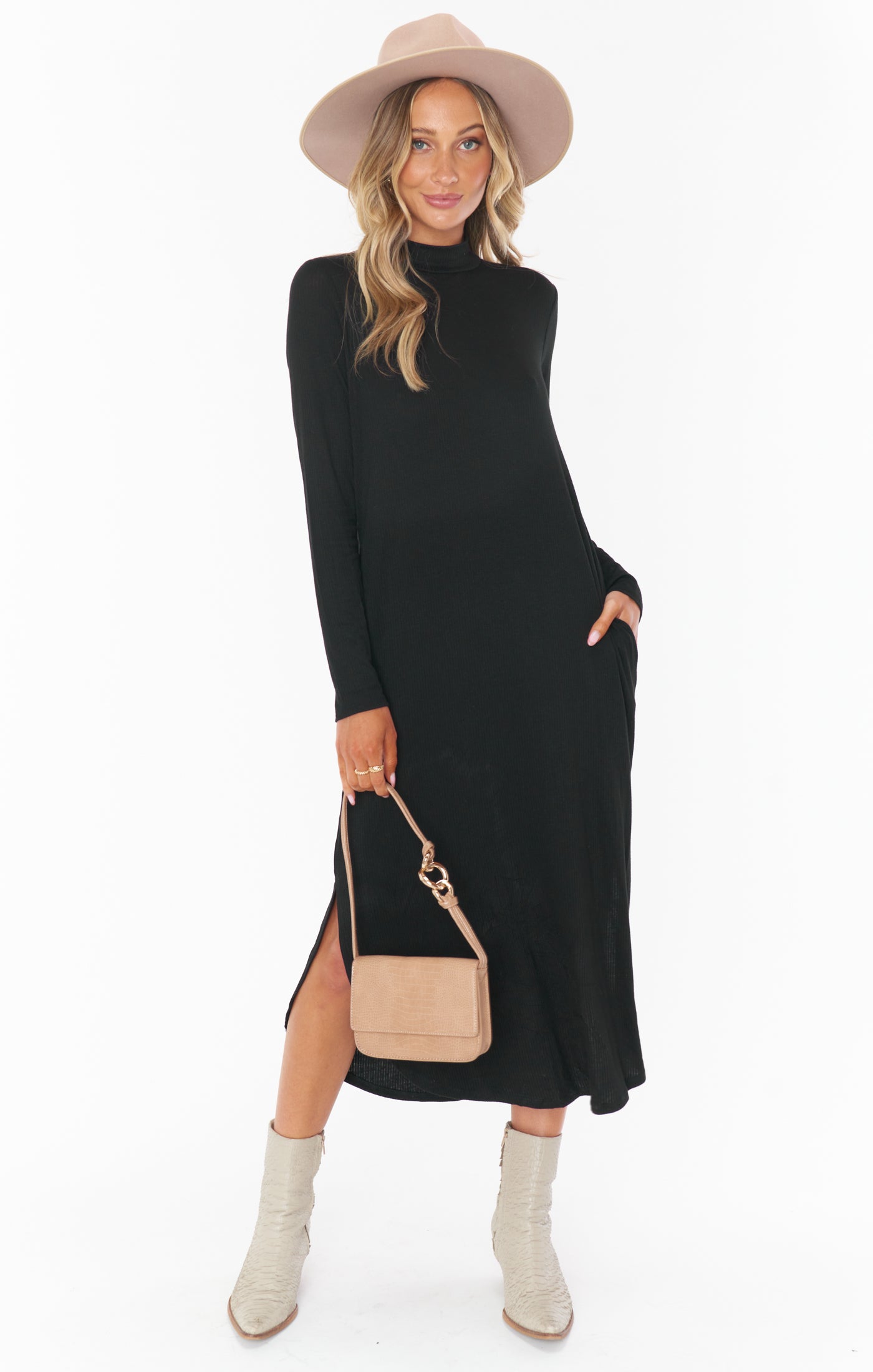 Black Rib Knit Midi Dress with Mock Turtleneck & Side Slit | Sutton