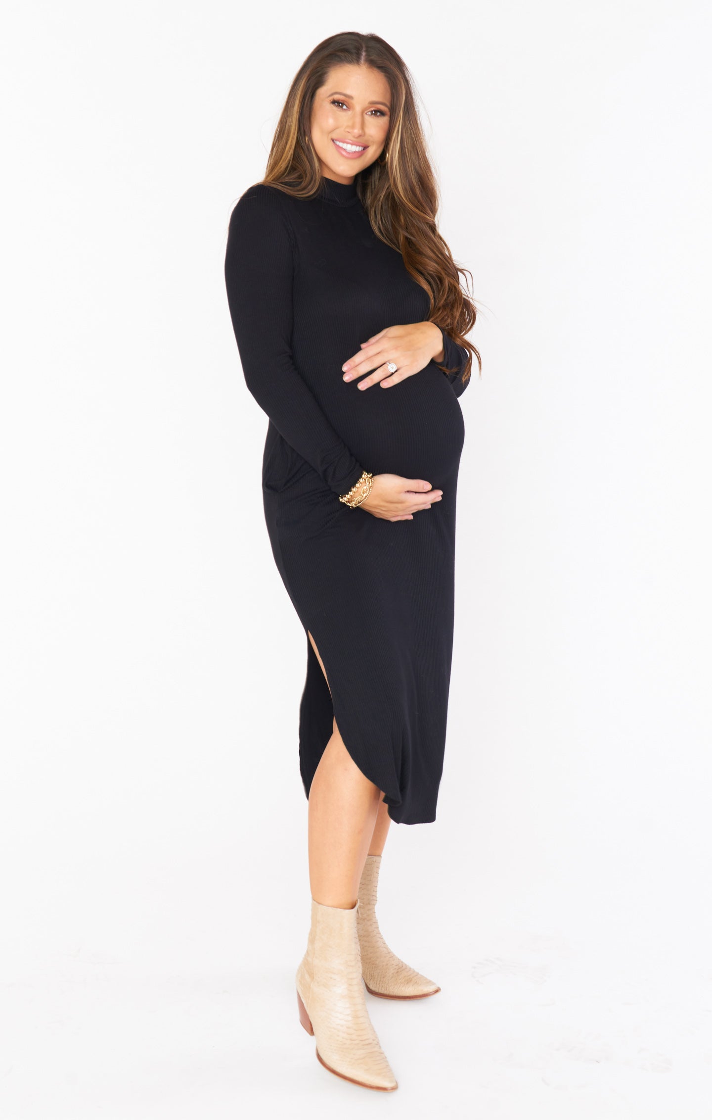 Black Rib Knit Midi Dress with Mock Turtleneck & Side Slit | Sutton