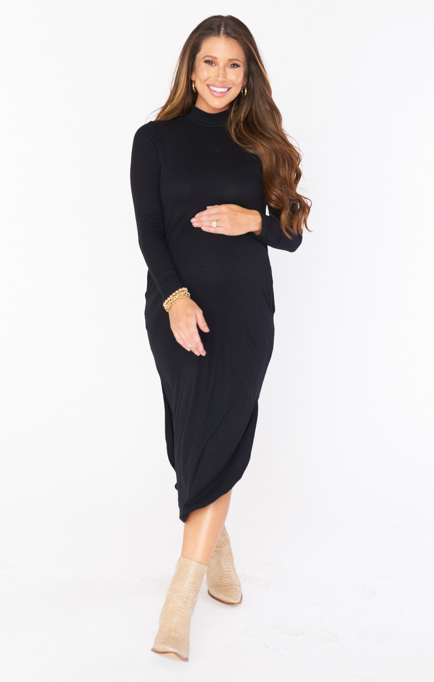 Black Rib Knit Midi Dress with Mock Turtleneck & Side Slit | Sutton
