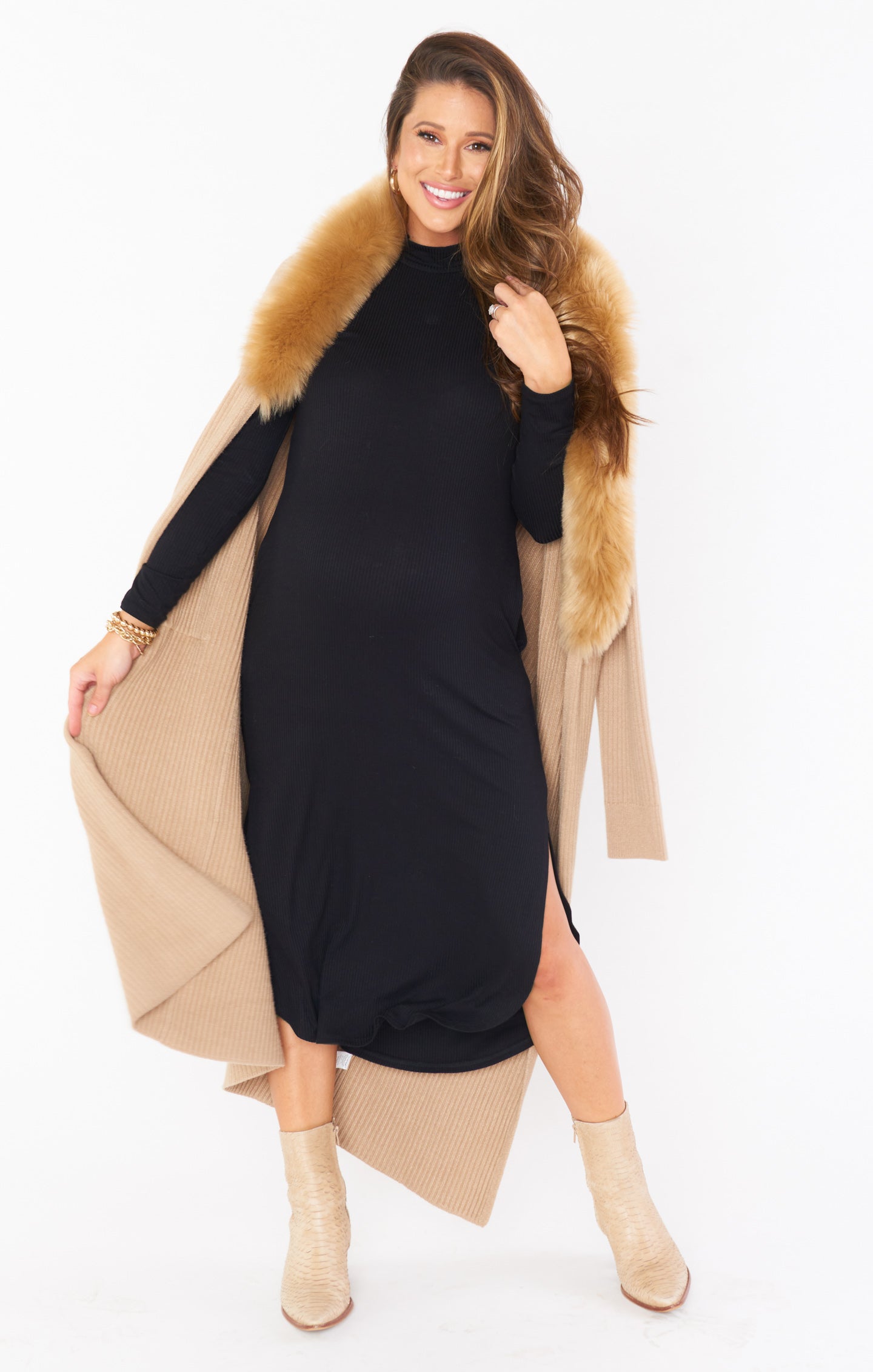 Black Rib Knit Midi Dress with Mock Turtleneck & Side Slit | Sutton
