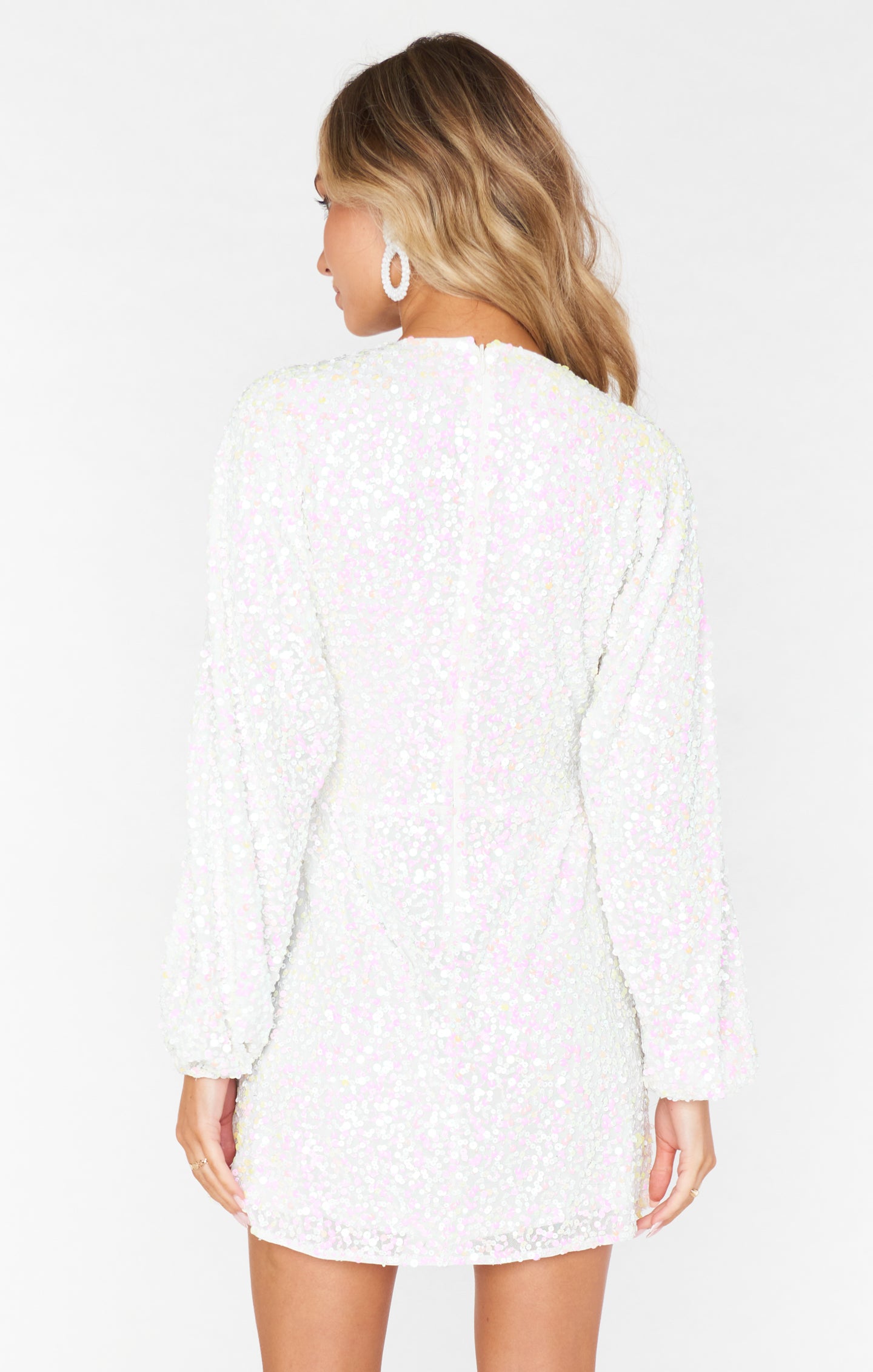 White Sequin Mini Dress with V-Neck & Puff Sleeves | Kidman