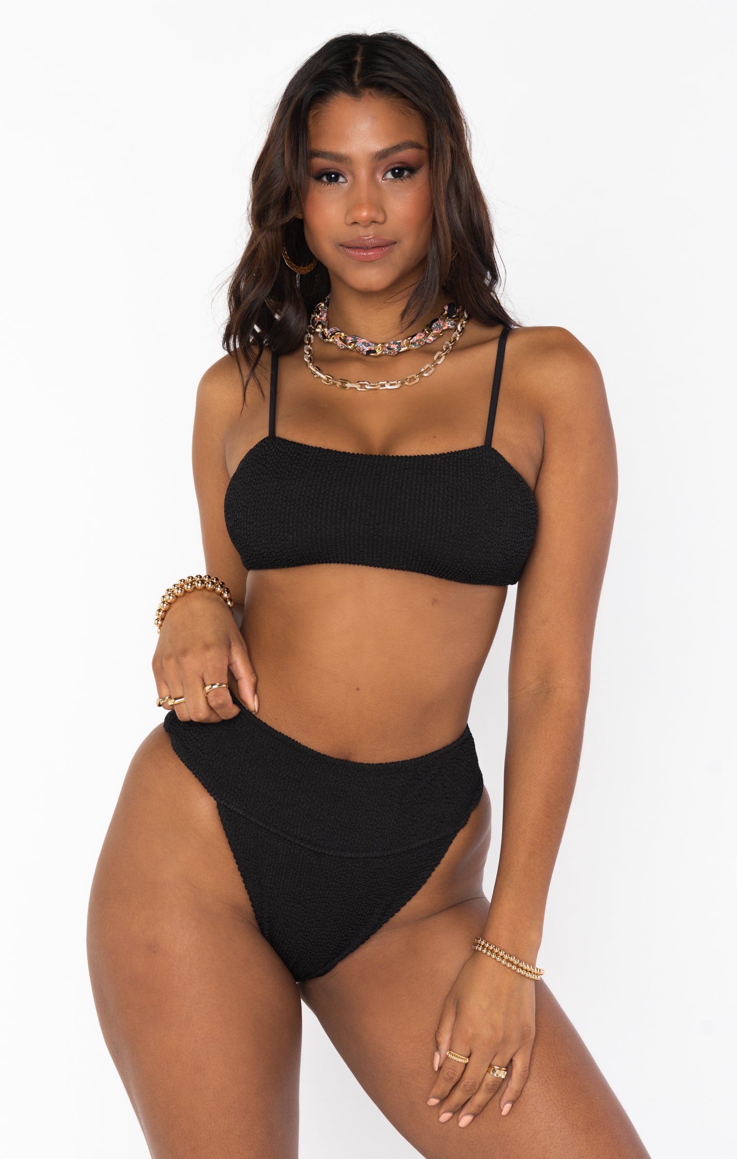 High-Waisted Cheeky Bikini Bottom | Del Rey Black Scrunch