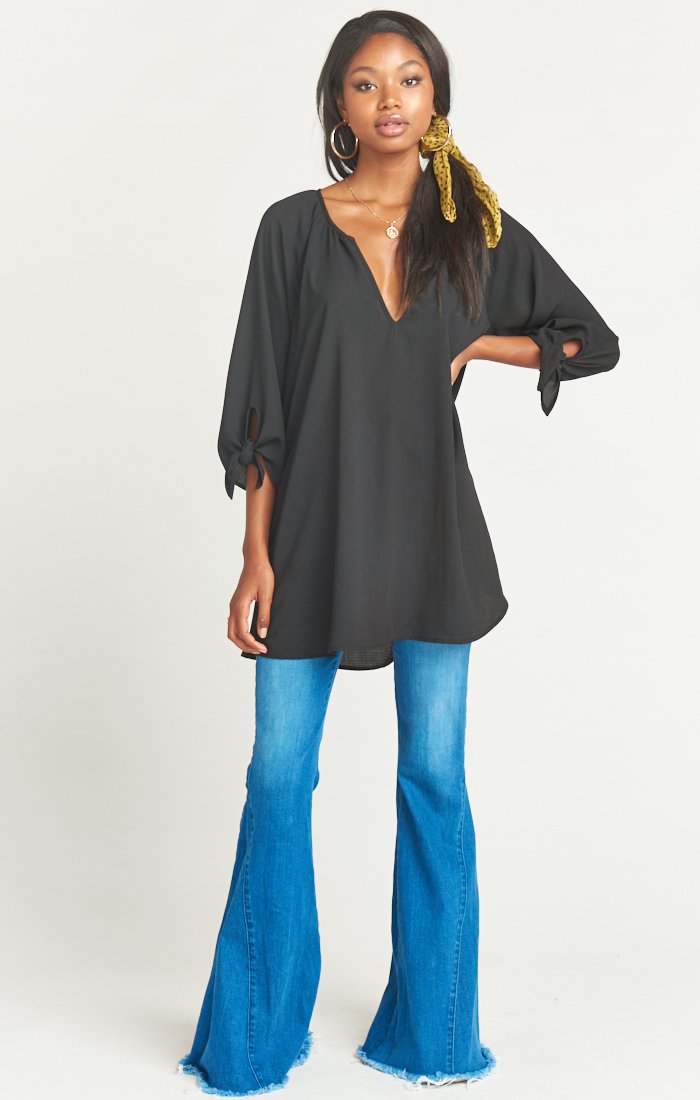 Women's Lined V-Neck Tunic with Tie Sleeves | Astrid