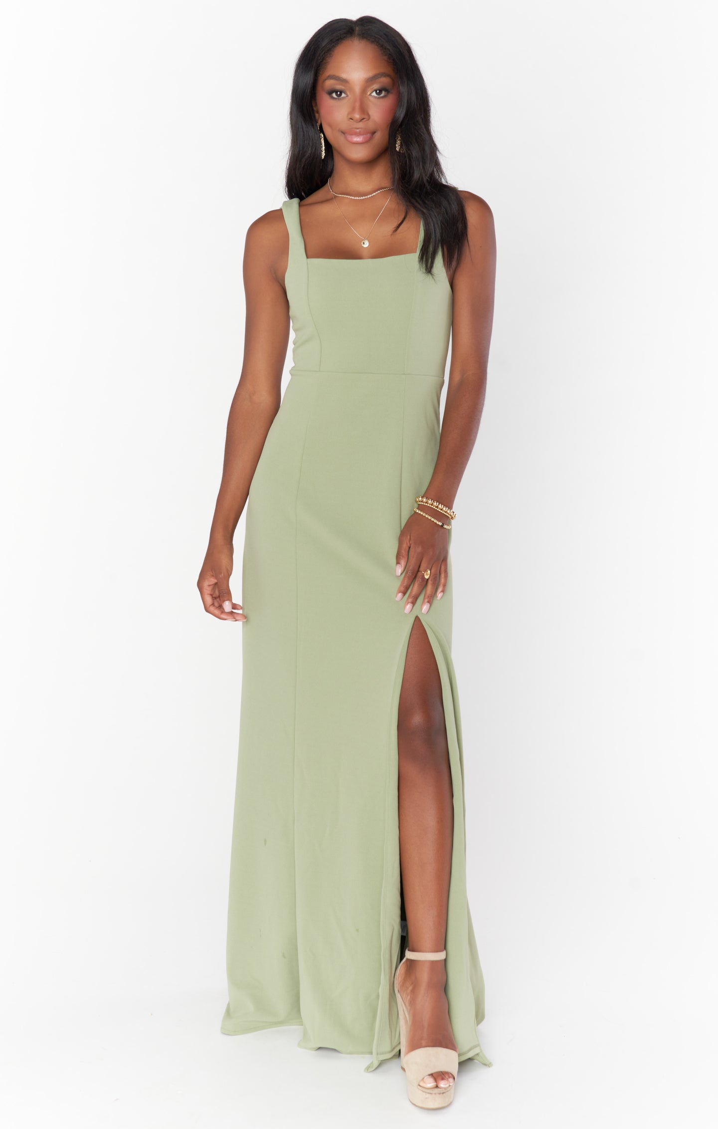 Formal Maxi Dress with Side Slit & Detachable Sash | Moss Green