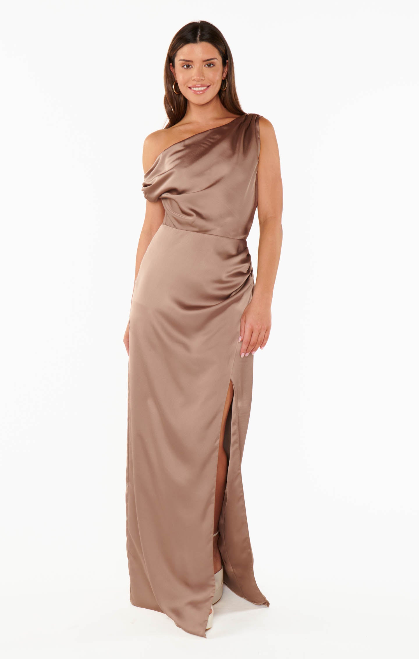 Elegant Asymmetrical Satin Dress with Side Slit | Jodie Dress