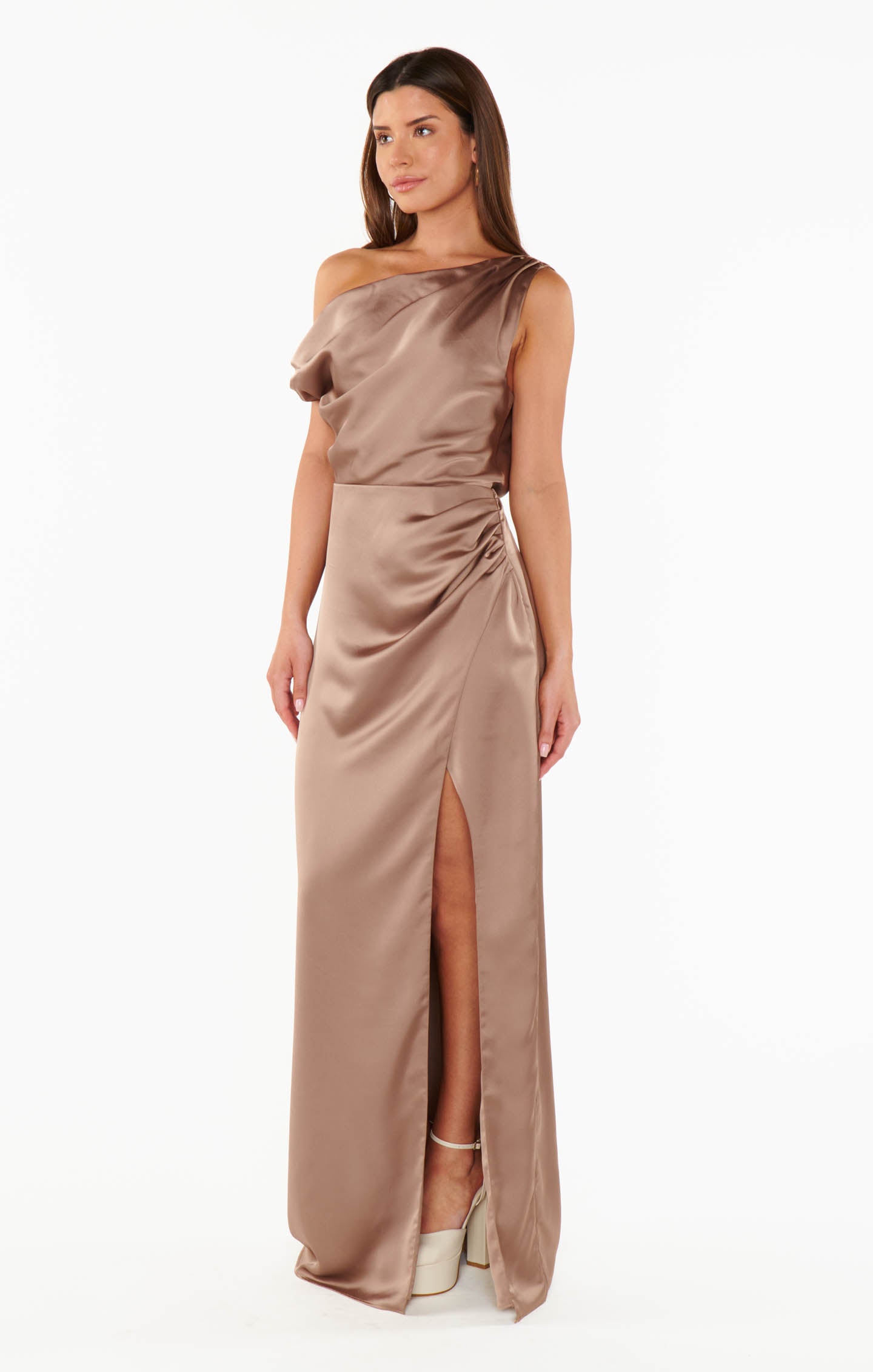 Elegant Asymmetrical Satin Dress with Side Slit | Jodie Dress
