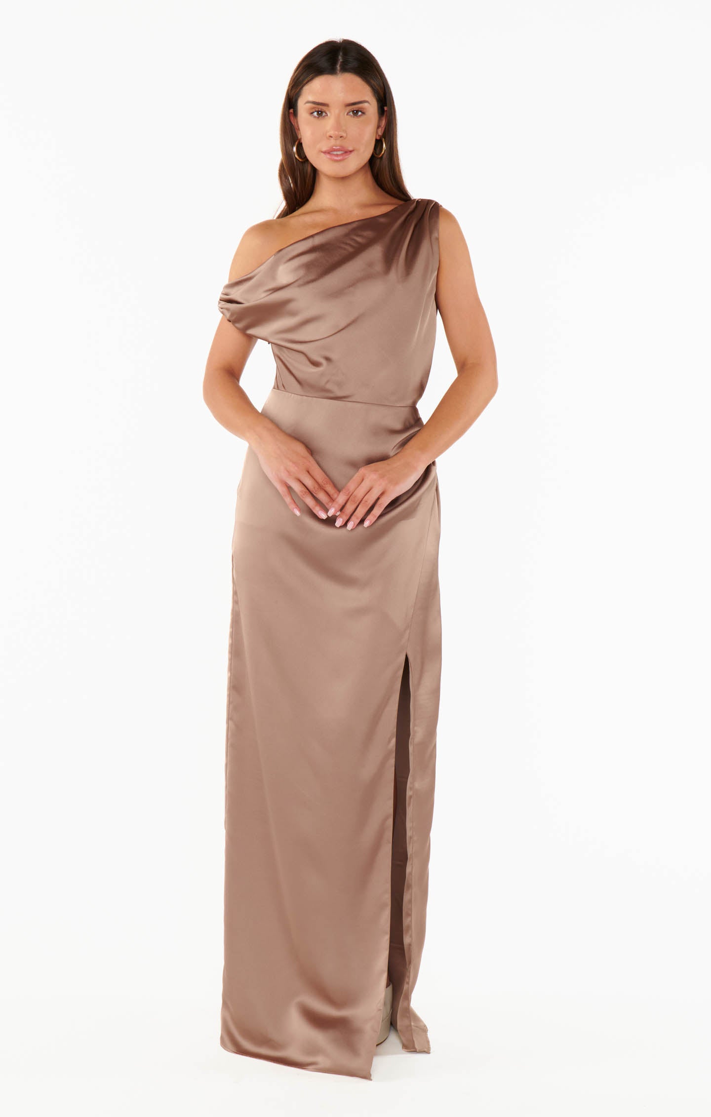 Elegant Asymmetrical Satin Dress with Side Slit | Jodie Dress