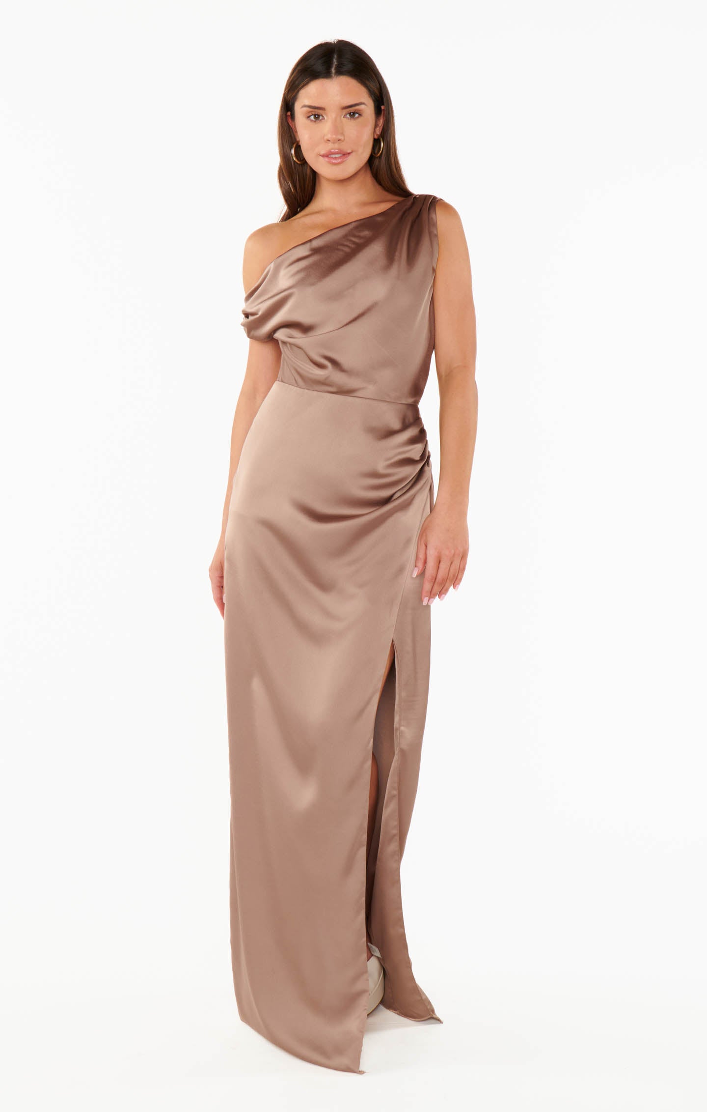 Elegant Asymmetrical Satin Dress with Side Slit | Jodie Dress