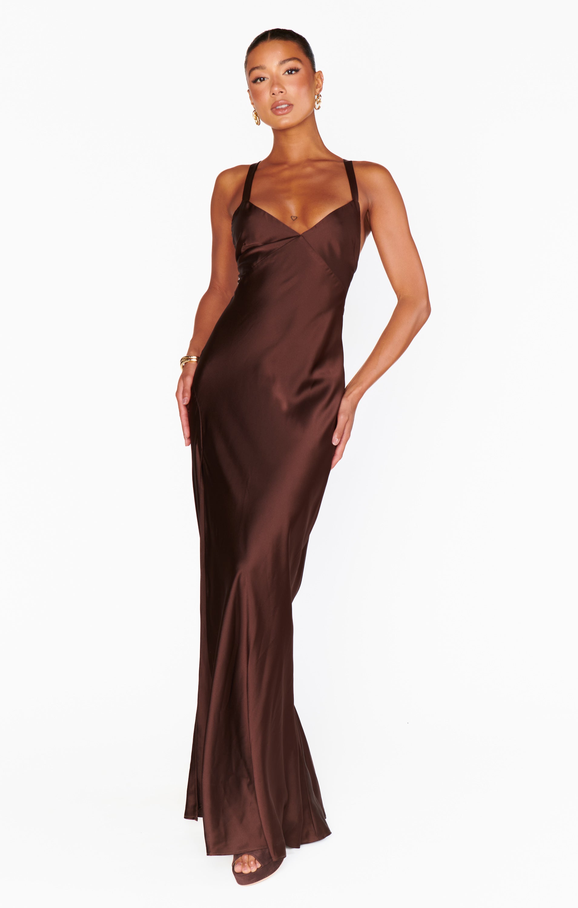 Chocolate Satin Maxi Dress with Open Back | Anderson Luxe