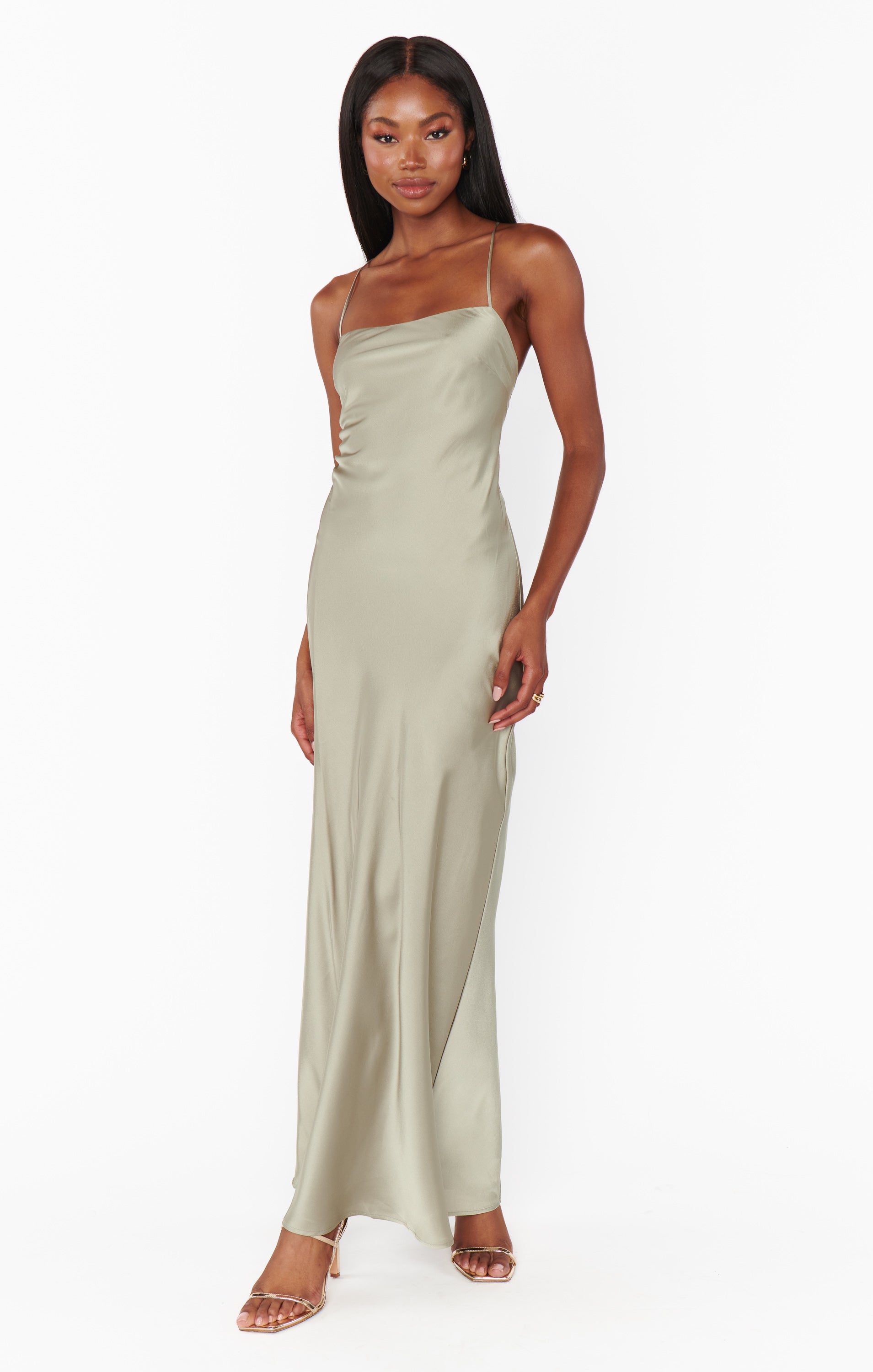 Moss Green Satin Slip Dress with Square Neck & Open Back | Dani