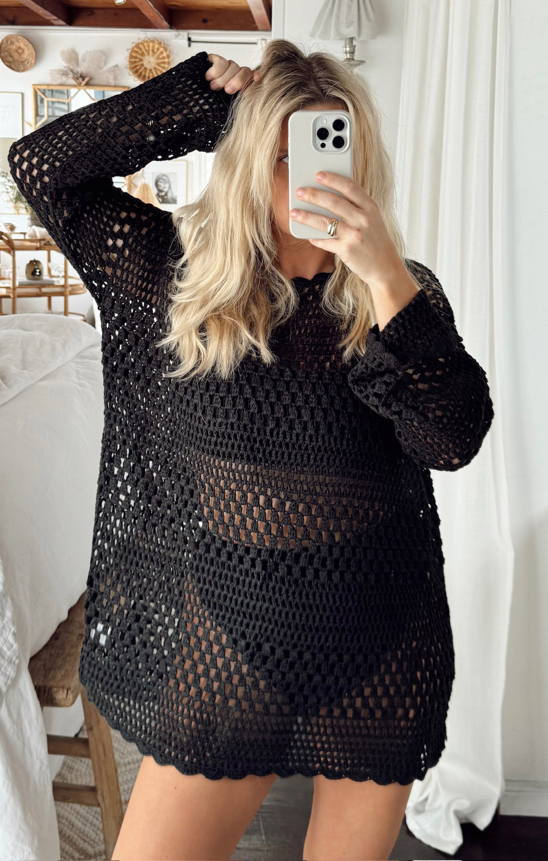 Black Crochet Pullover for Swim Coverup & Warm Weather | Paula