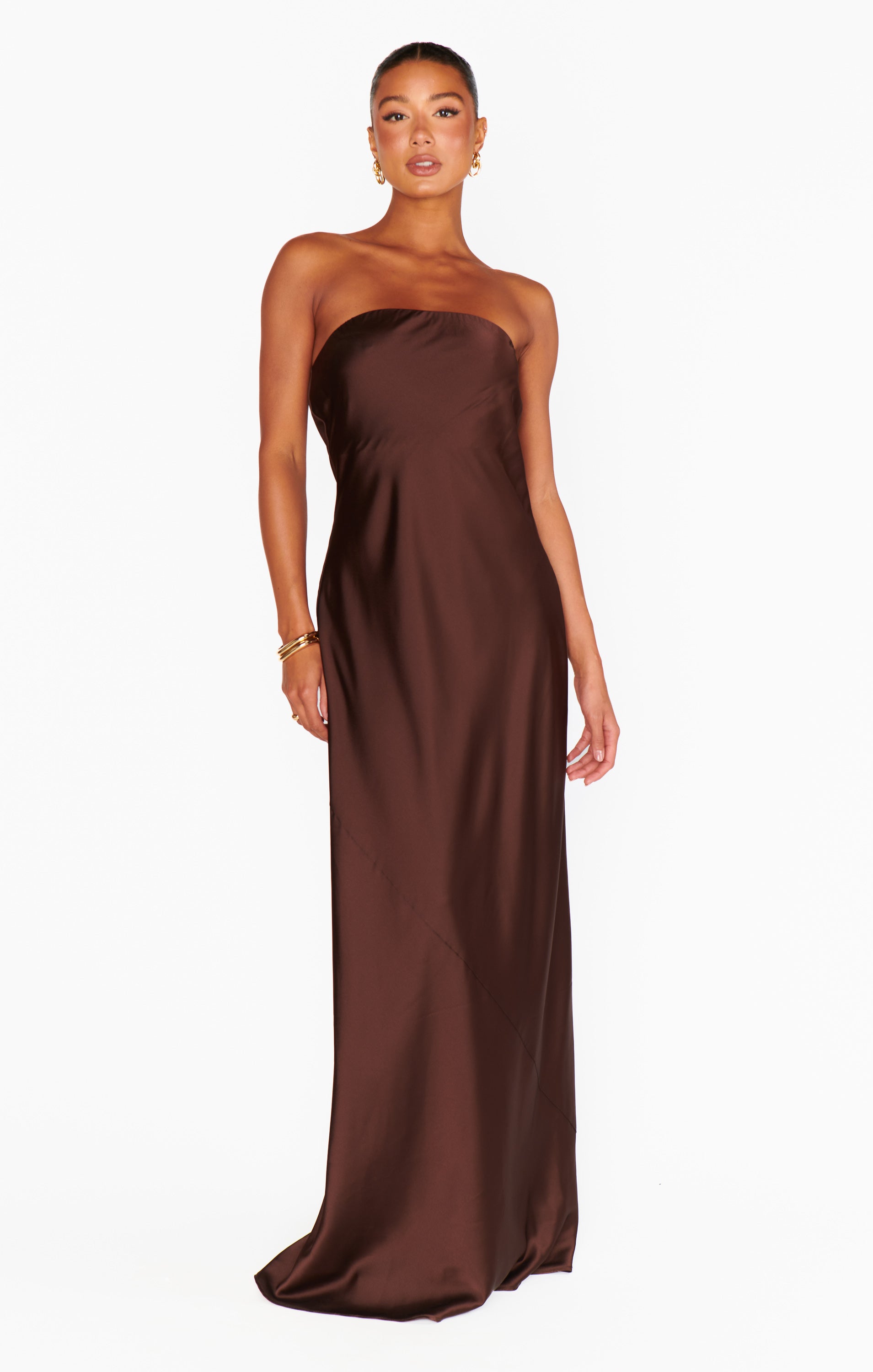 Chocolate Satin Strapless Maxi Dress for Events | Taylor Tube