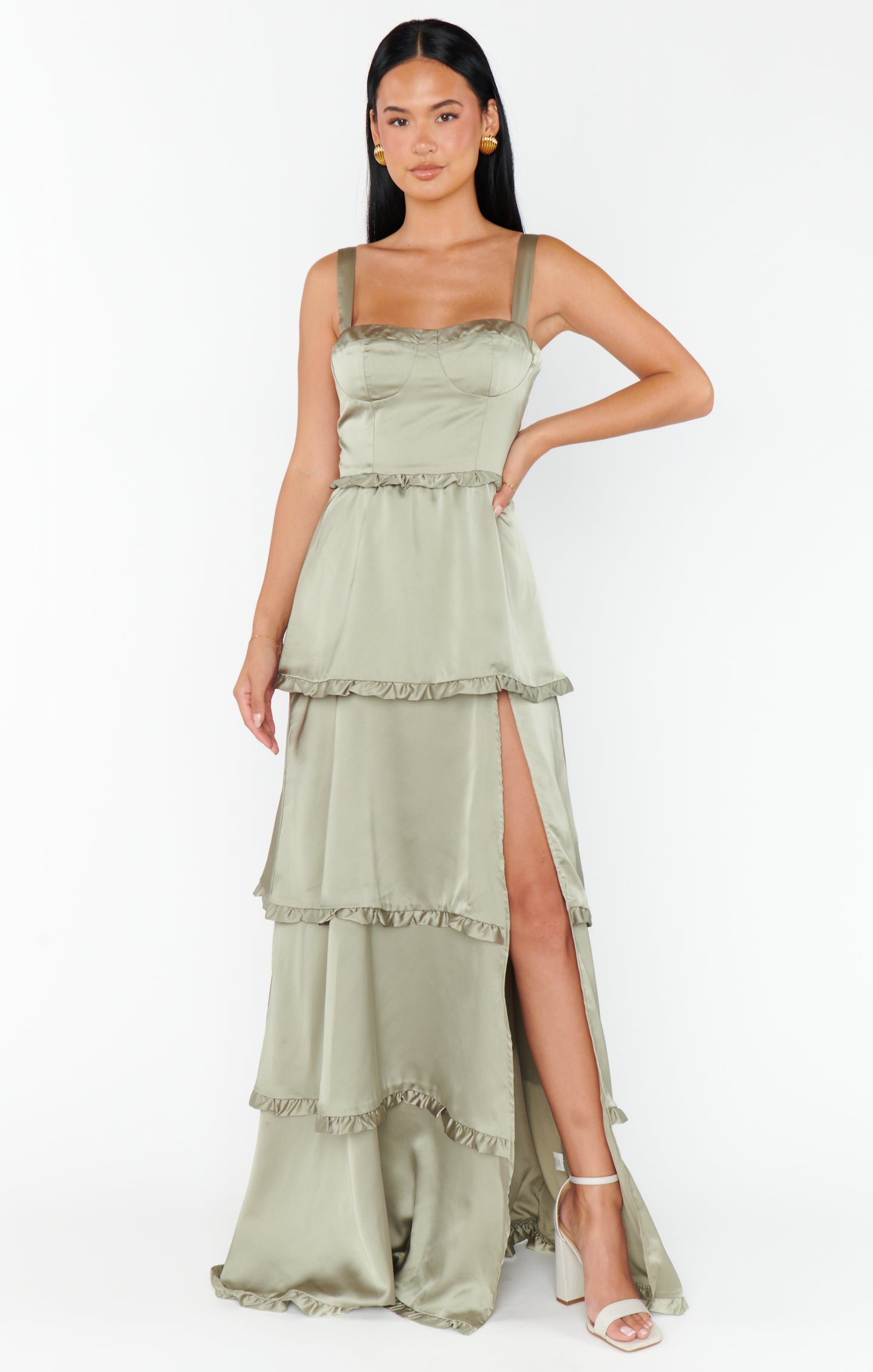 Moss Green Satin Corset Dress with Side Slit | Lady Luxe