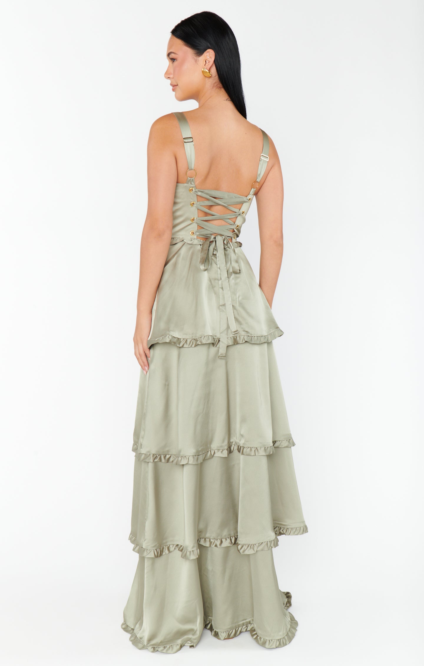 Moss Green Satin Corset Dress with Side Slit | Lady Luxe
