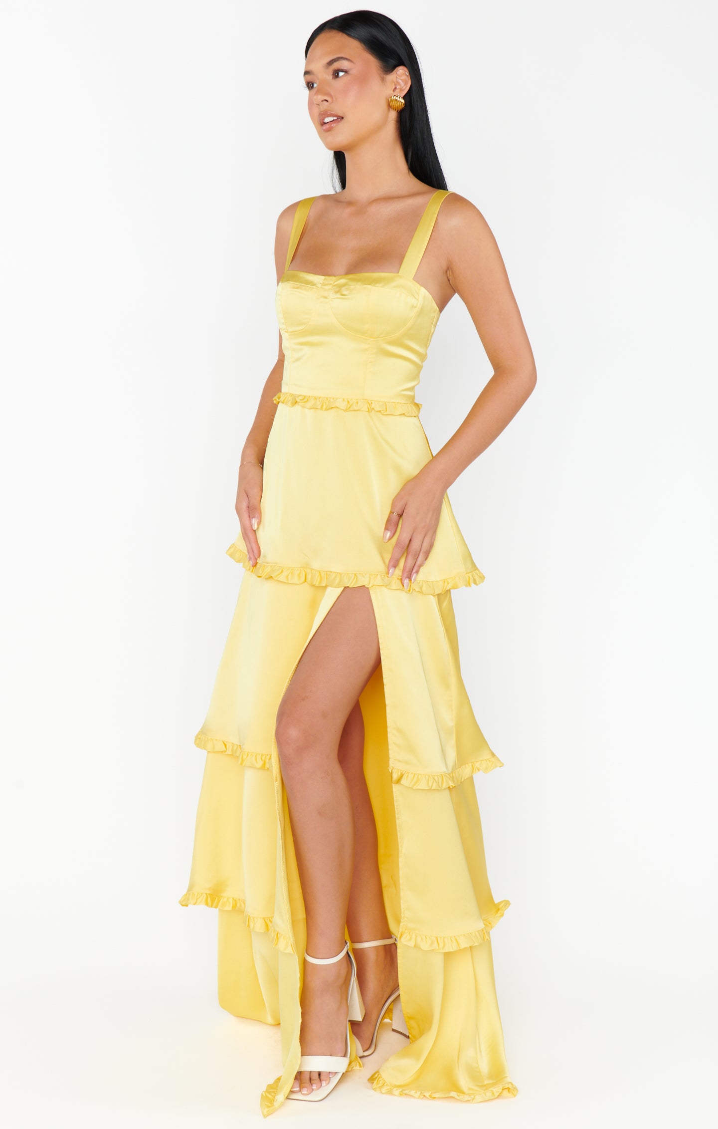 Yellow Satin Corset Dress with Maxi Hem & Side Slit | Lady Luxe