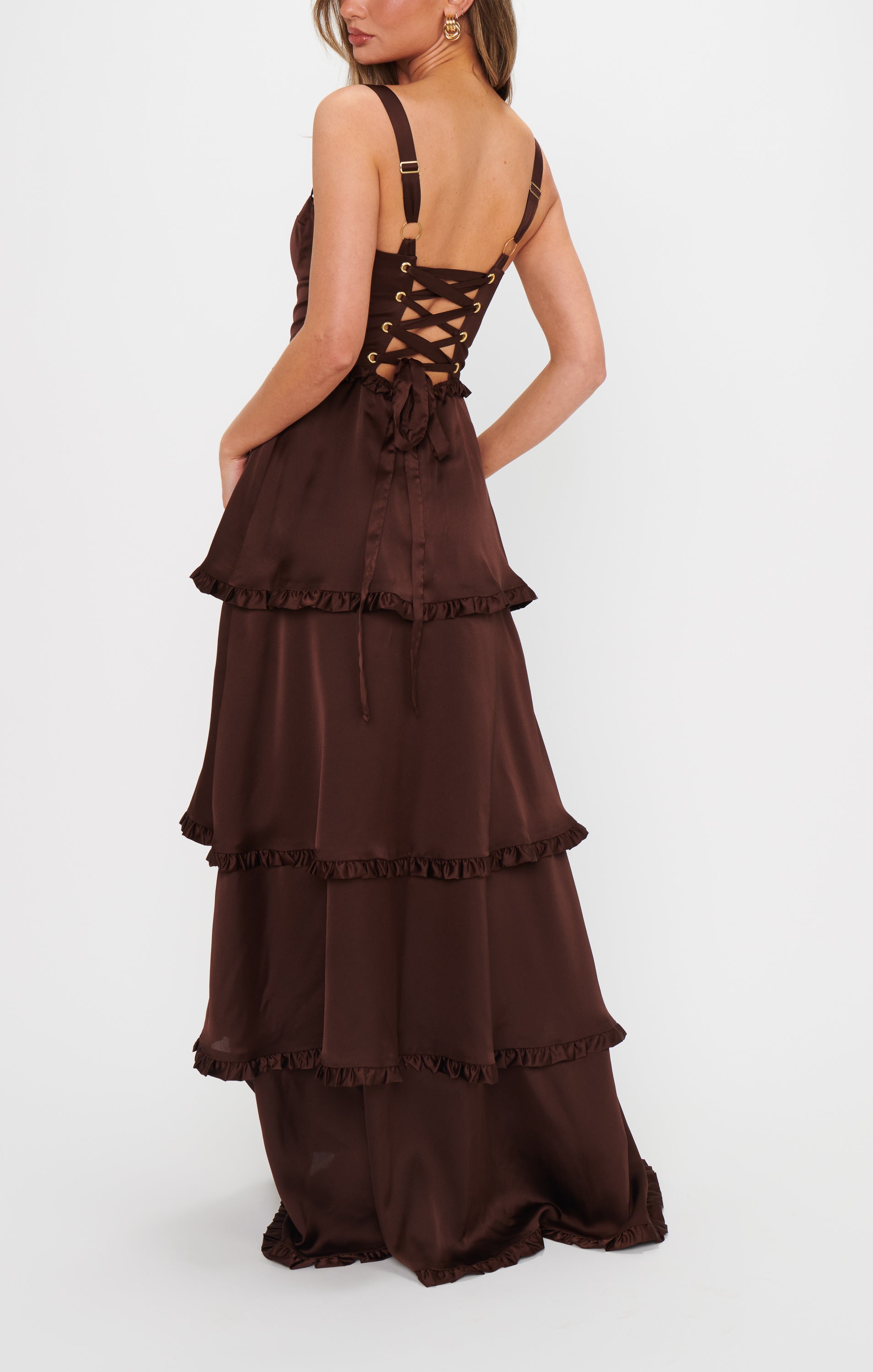 Chocolate Satin Corset Dress with Maxi Hem & Side Slit | Lady Corset