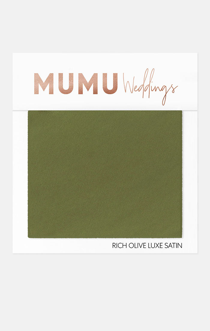 Bridesmaid Fabric Swatch in Rich Olive Luxe Satin | Mumu Wedding