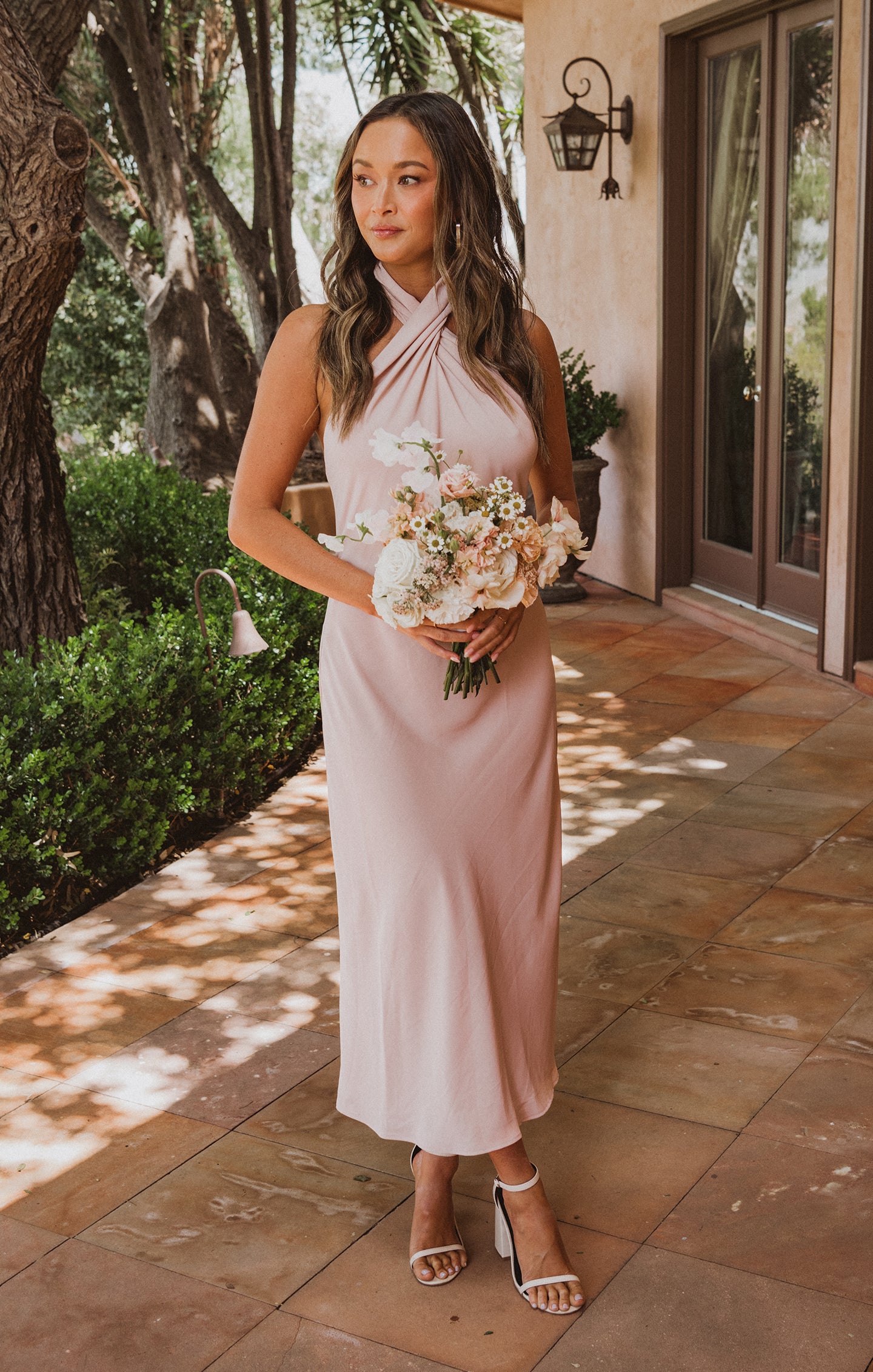 Jasmine Halter Midi Dress with Open Back | Dusty Blush Bias Cut