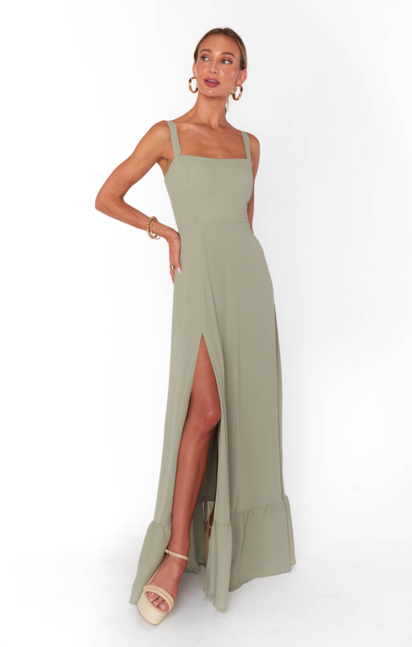 Clarissa Corset Maxi Dress with Side Slit | Moss Green