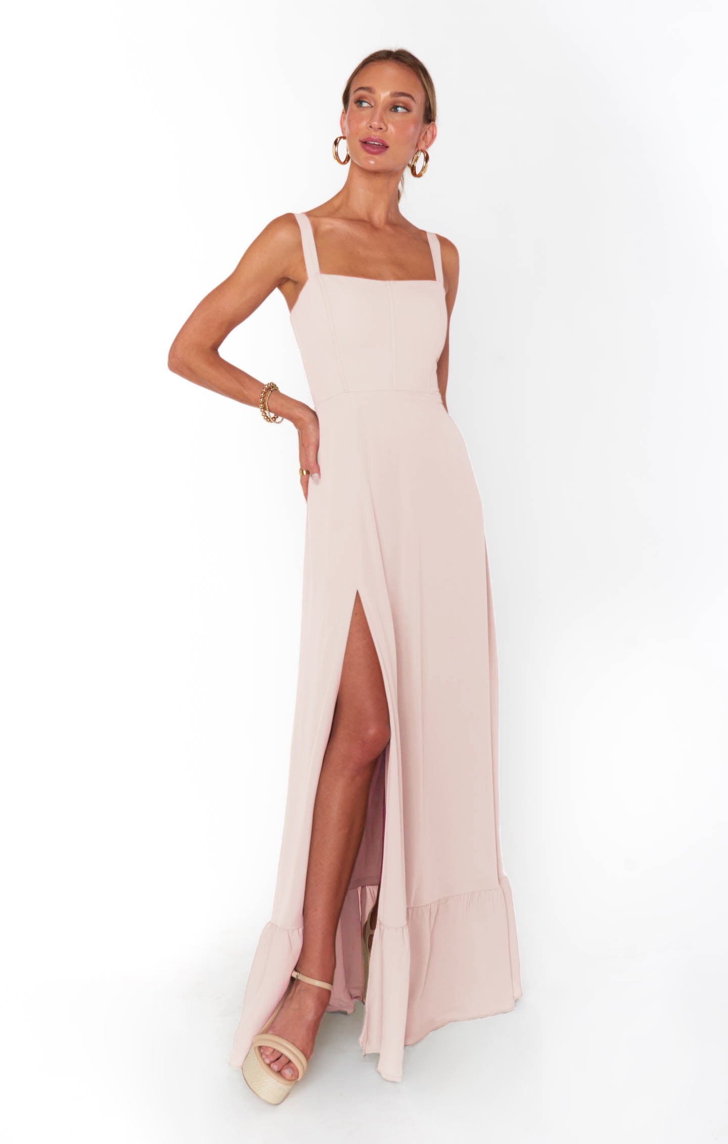 Clarissa Corset Dress with Tiered Maxi Hem & Side Slit | Dusty Blush