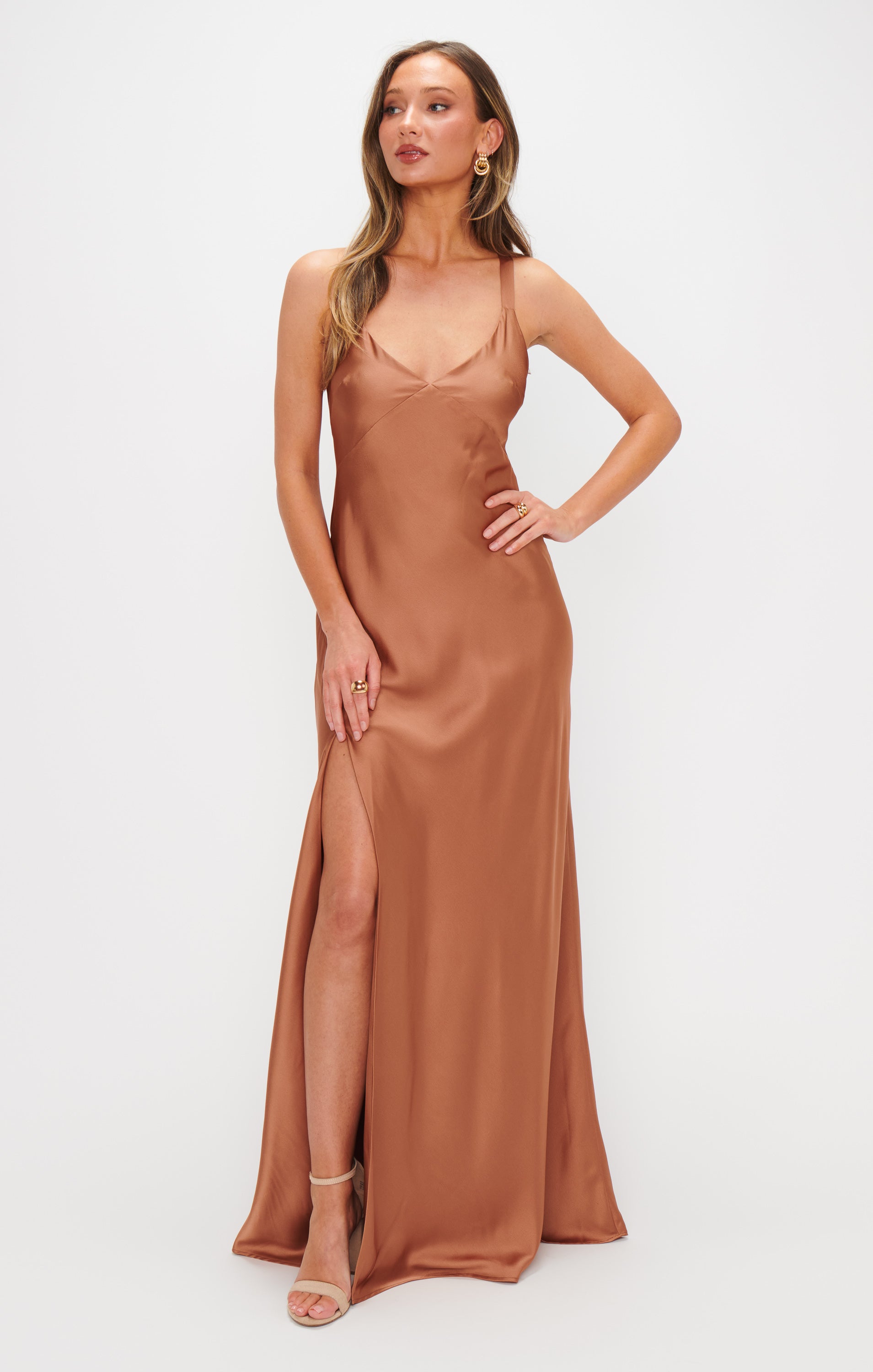 Copper Satin Maxi Dress with Open Back | Anderson Luxe