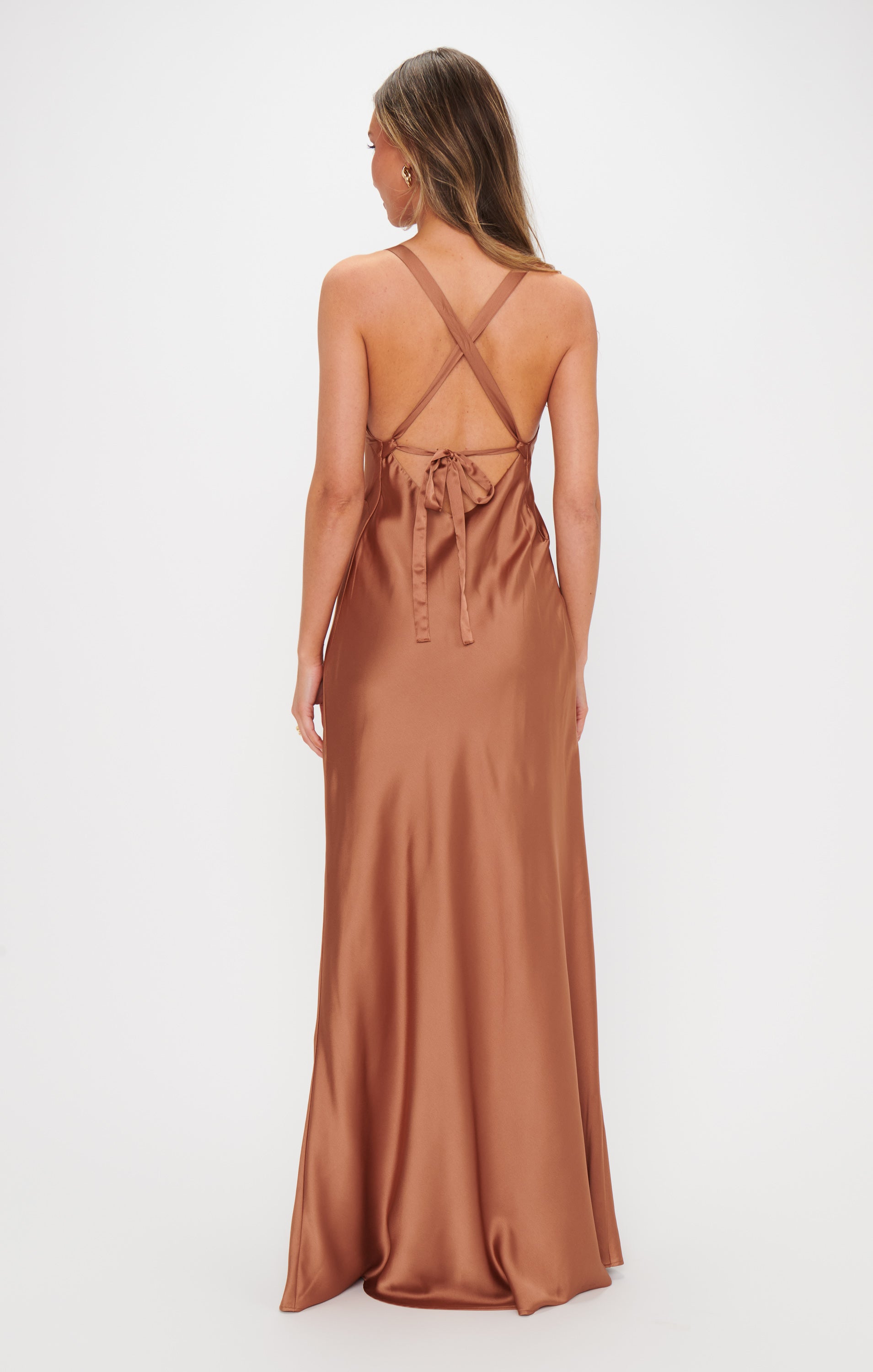 Copper Satin Maxi Dress with Open Back | Anderson Luxe