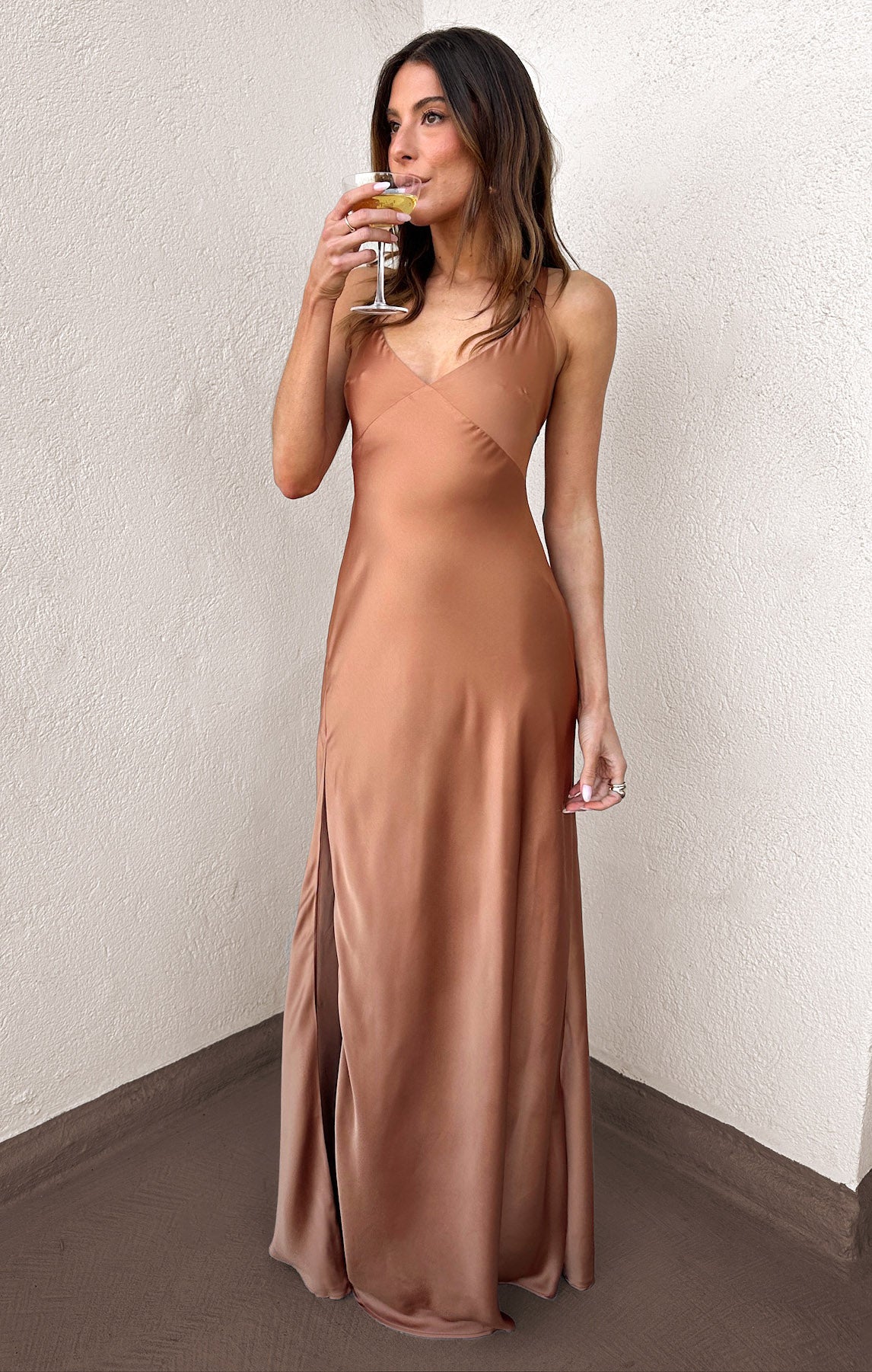 Copper Satin Maxi Dress with Open Back | Anderson Luxe