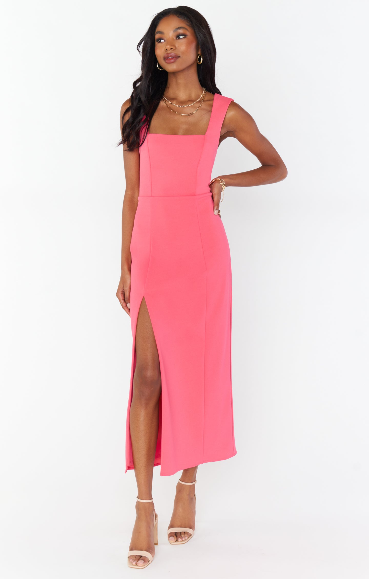 Fitted Midi Dress with Side Slit & Square Neck | Eden Flamingo Pink