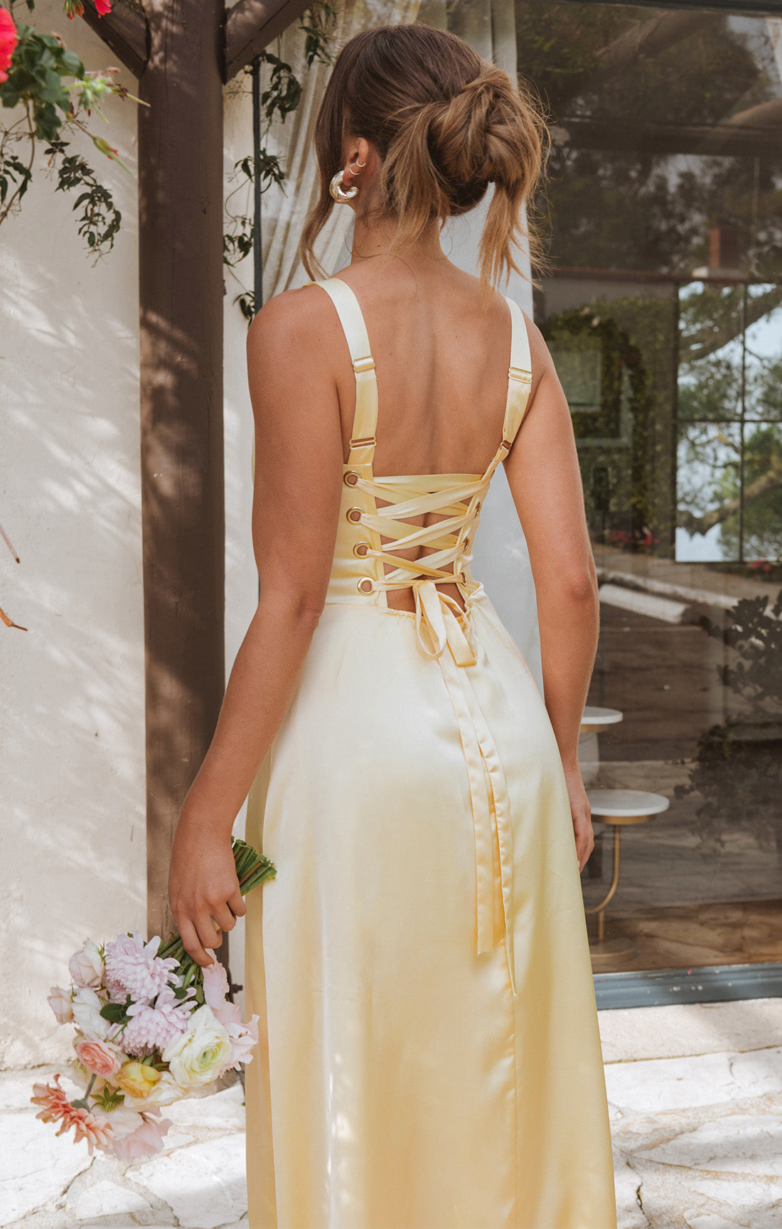 Pale Yellow Satin Corset Dress with Side Slit | Clarissa