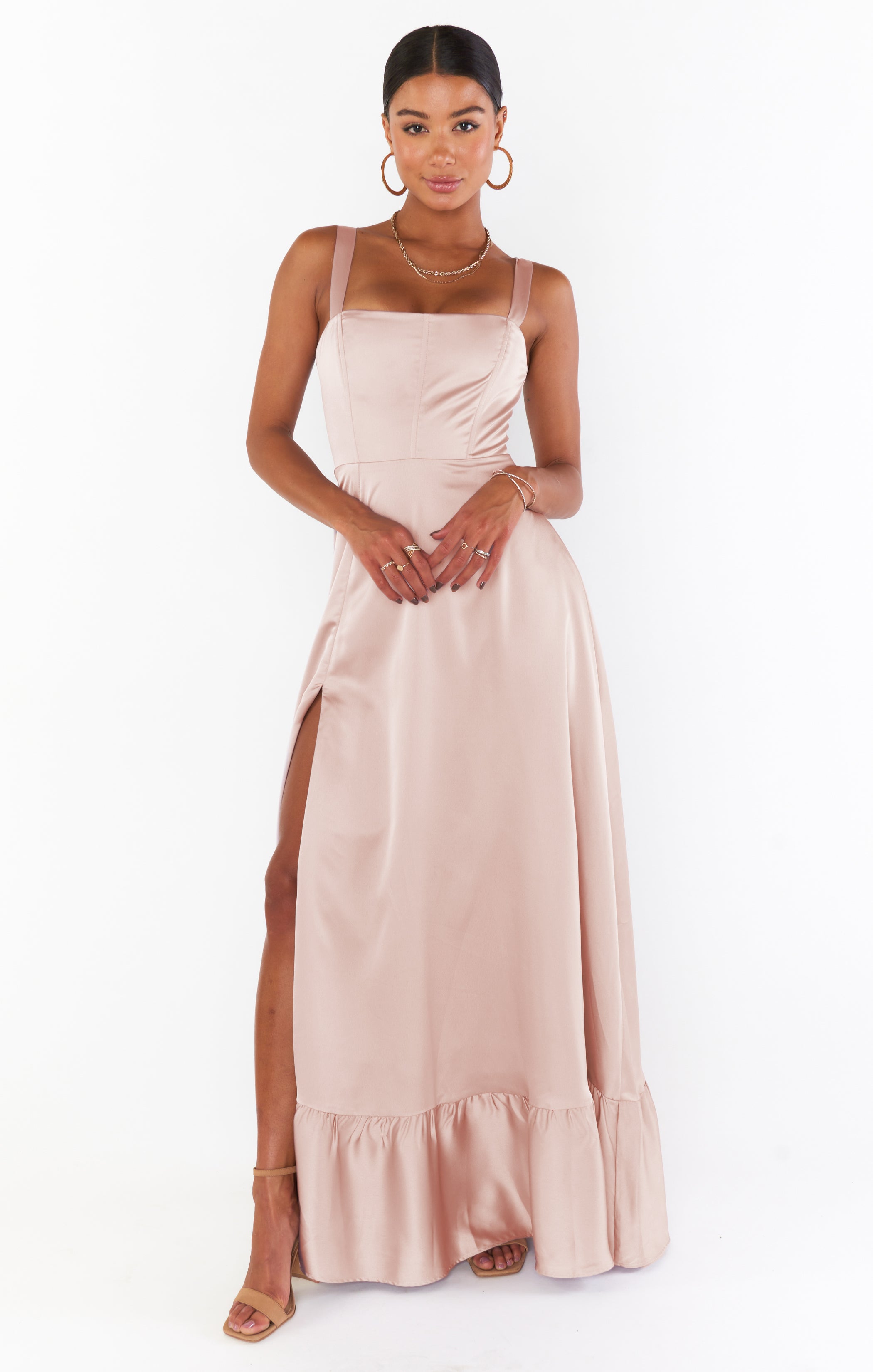 Rose Gold Satin Corset Dress with Side Slit | Clarissa Luxe