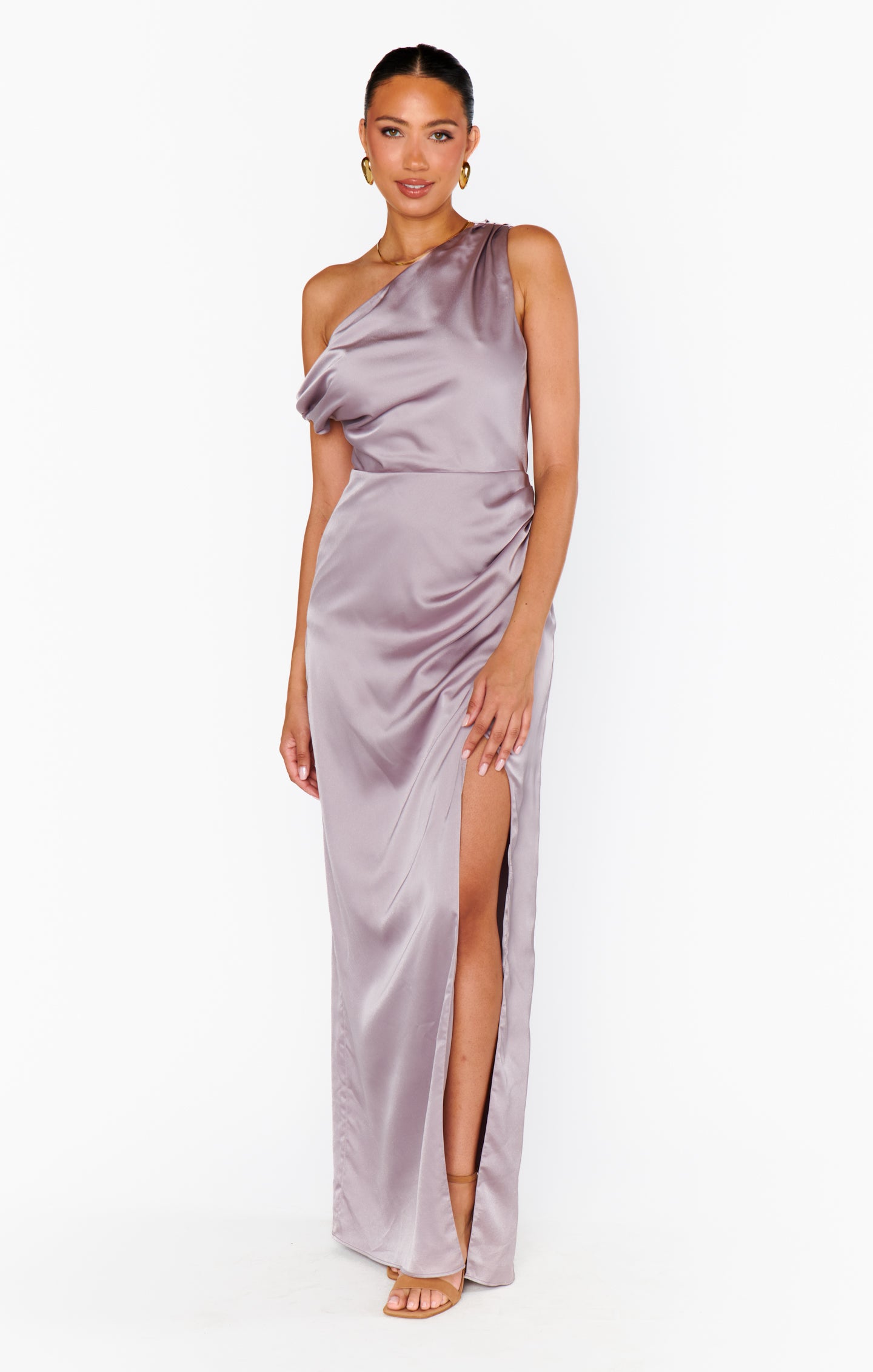 Elegant Asymmetrical Satin Dress with Side Slit | Jodie Dress