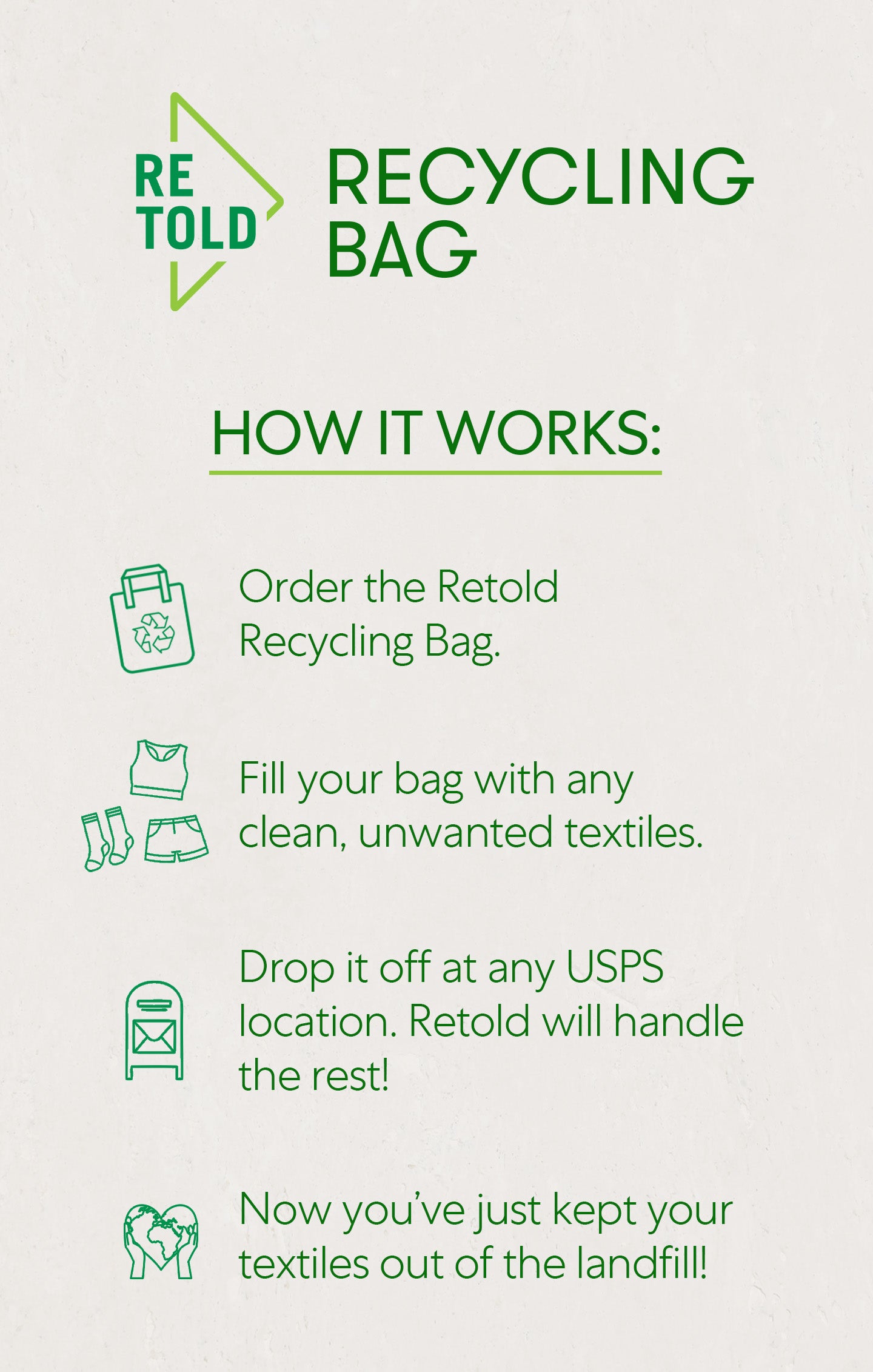 Eco-Friendly Textile Recycling Bag with Pre-Paid Label | Retold Solo Bag