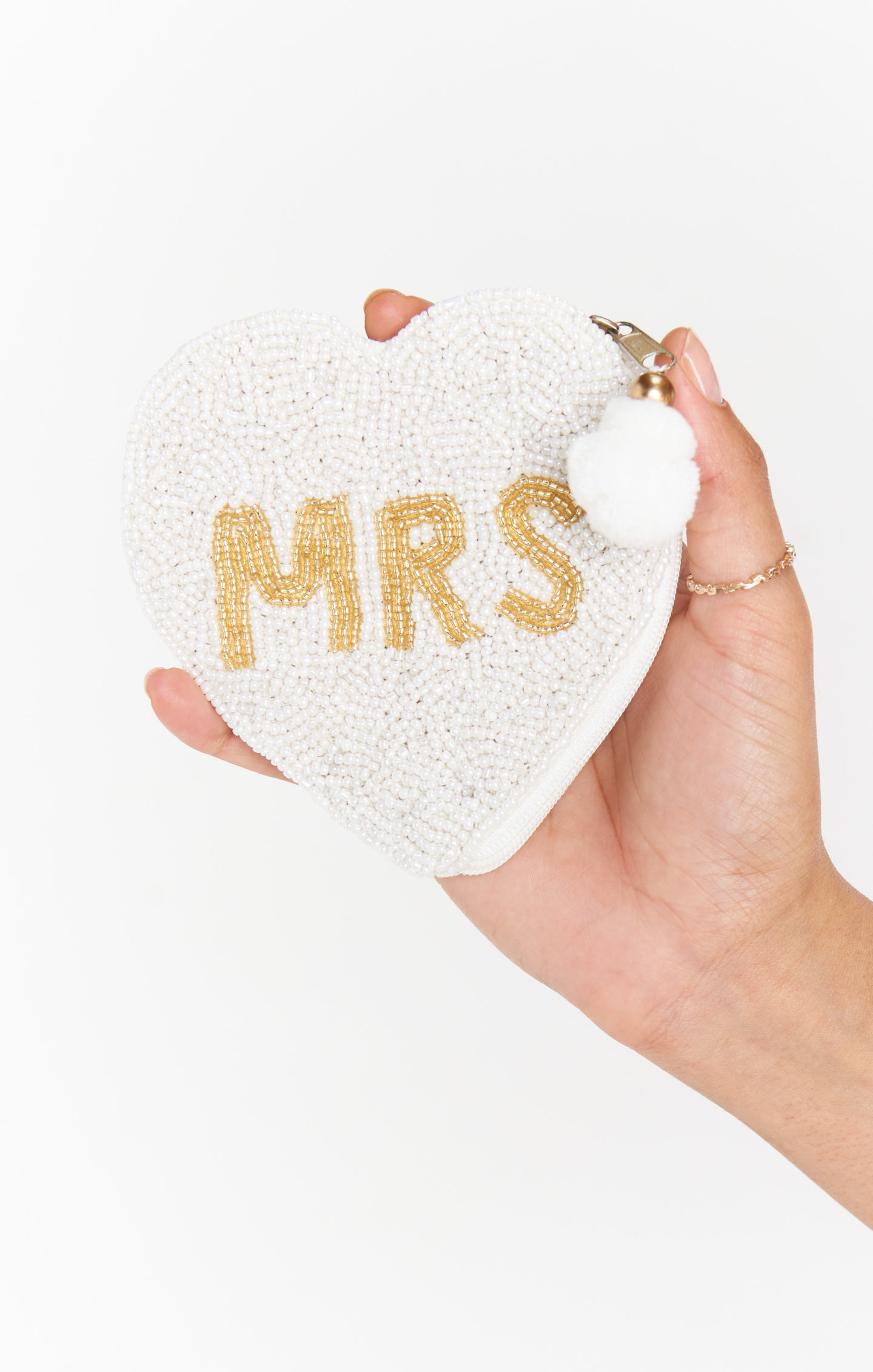 White & Gold Beaded Coin Purse for Bridal Showers | MRS