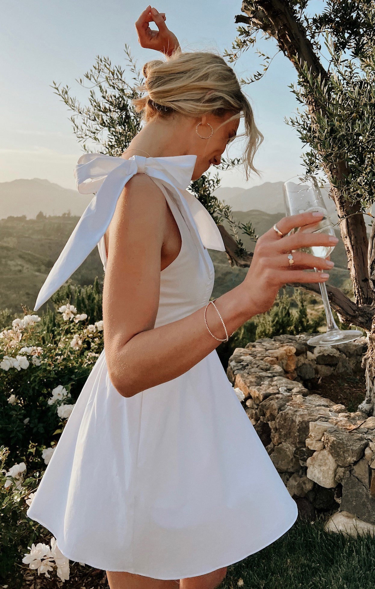 White Square Neck Mini Dress with Smocked Back & Detachable Sash | Claire