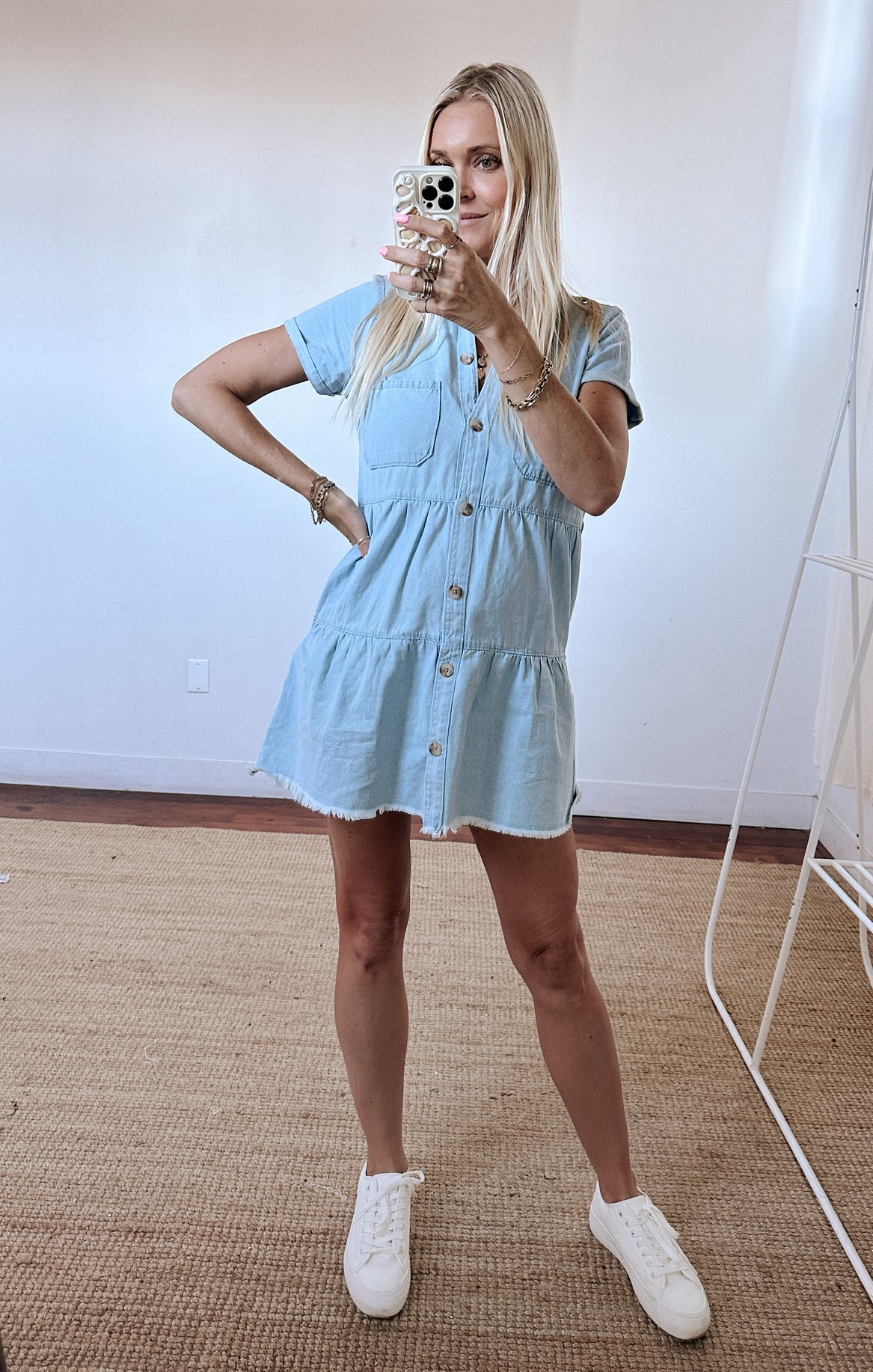 Stretch Denim Mini Dress with Pockets & Raw Hem | Birmingham