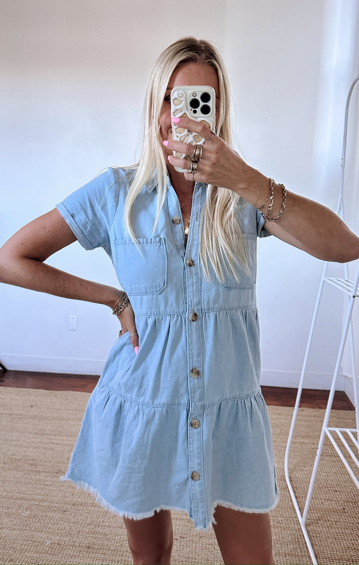 Stretch Denim Mini Dress with Pockets & Raw Hem | Birmingham