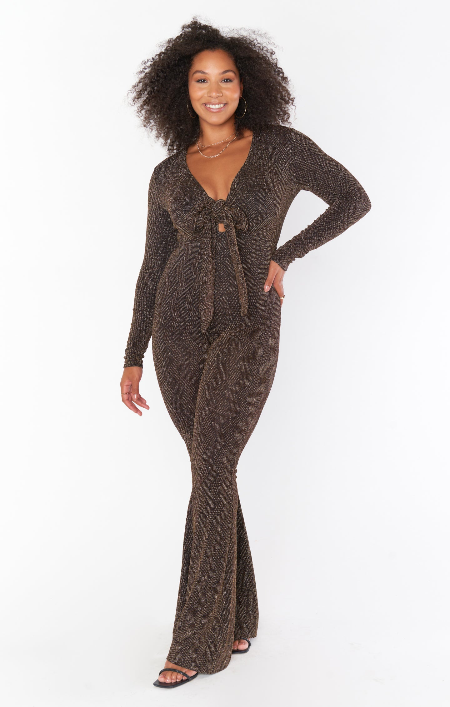 Brown Wrap Jumpsuit with V-Neck & Tie Front | Martina Sparkle Knit