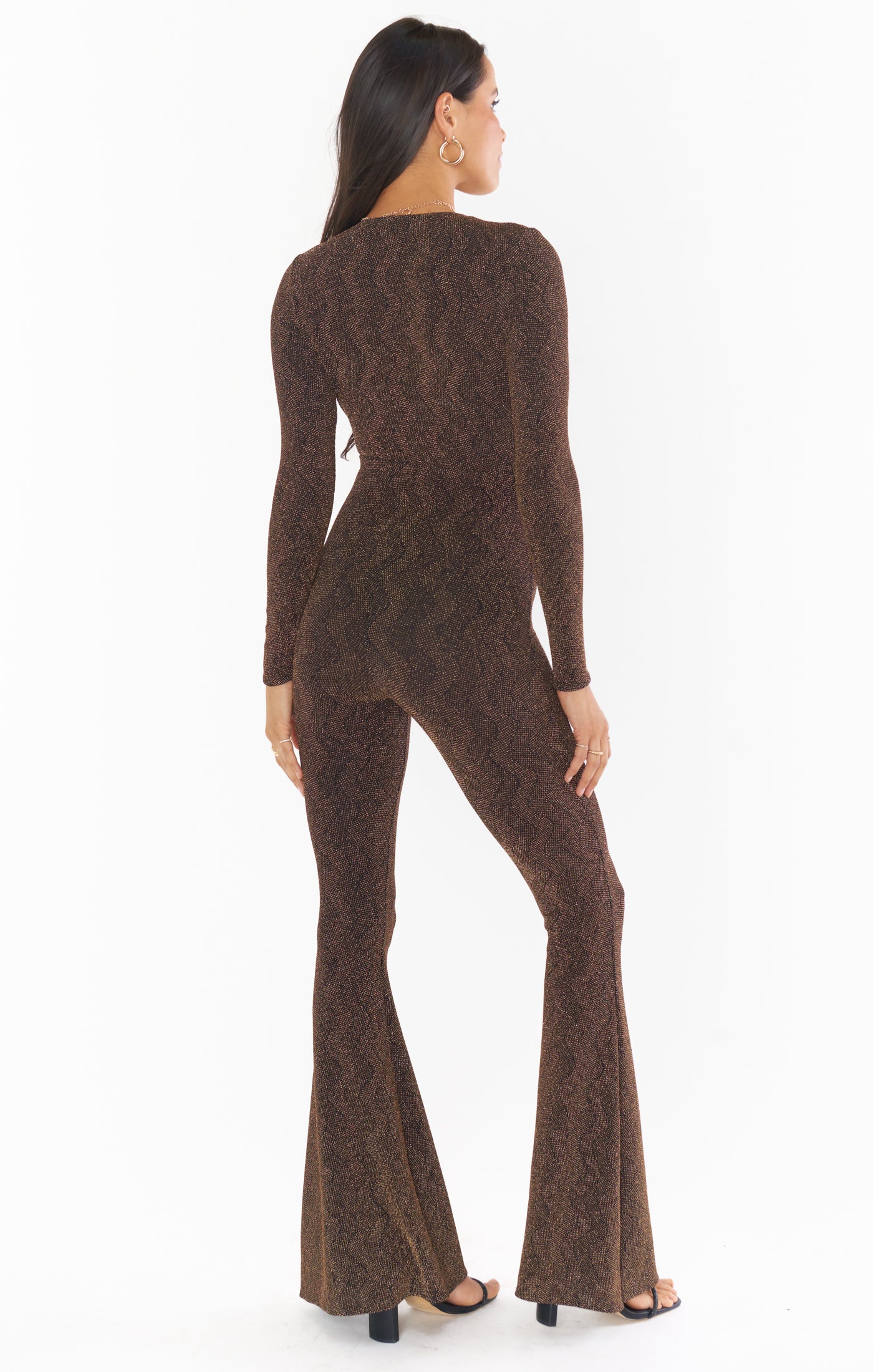 Brown Wrap Jumpsuit with V-Neck & Tie Front | Martina Sparkle Knit