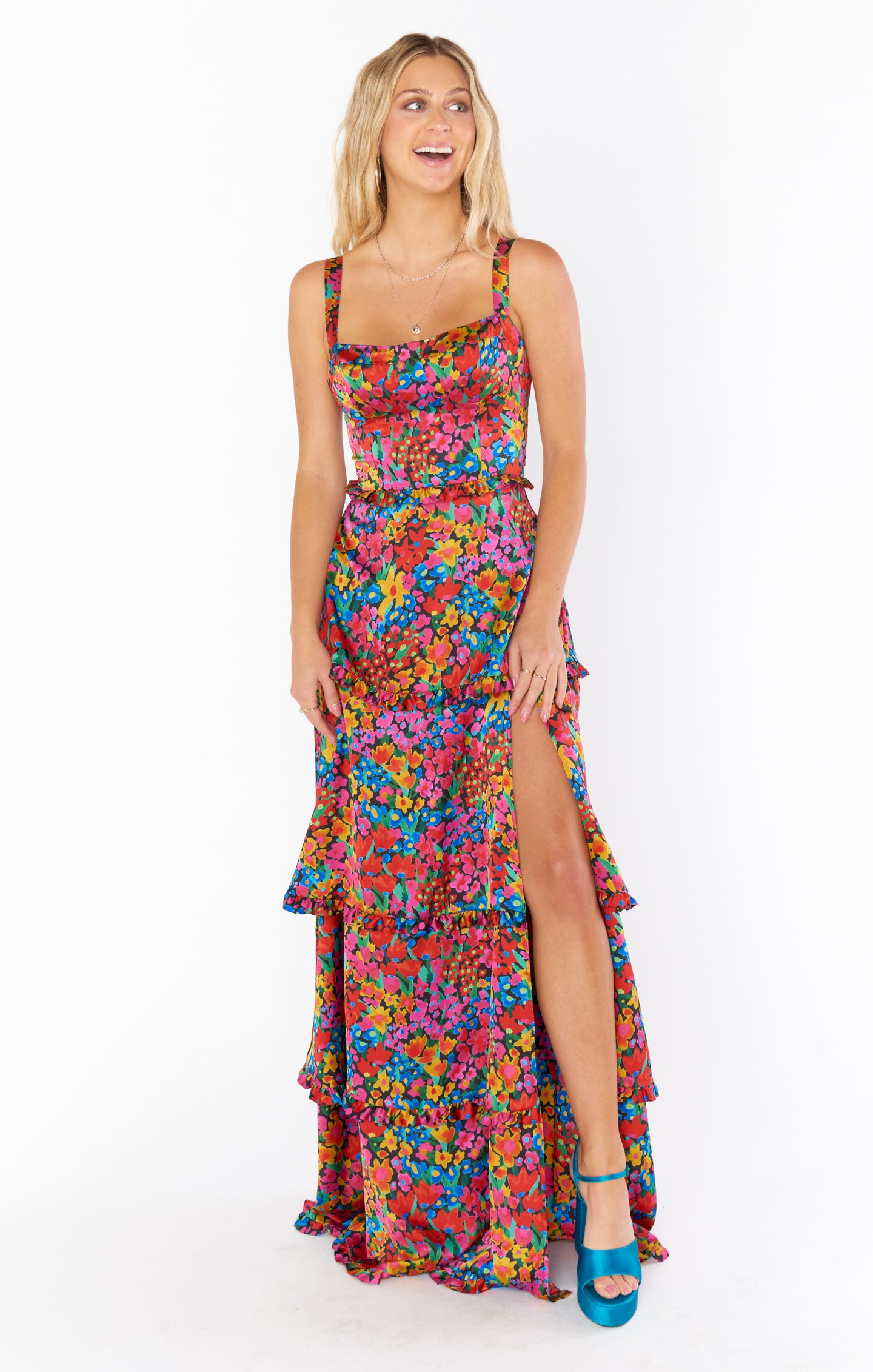 Luxury Satin Corset Dress with Maxi Hem & Side Slit | Garden Glow