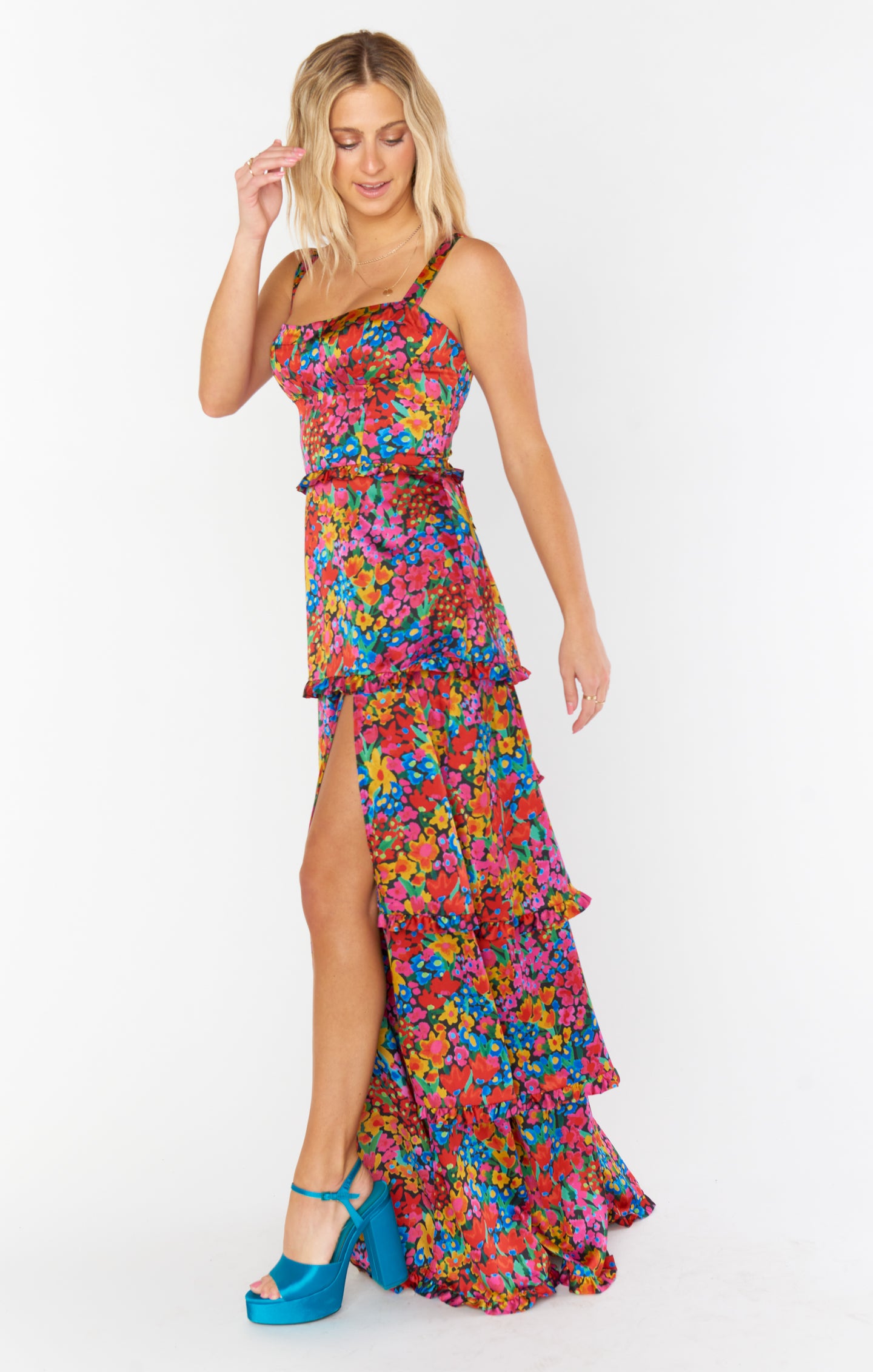 Luxury Satin Corset Dress with Maxi Hem & Side Slit | Garden Glow