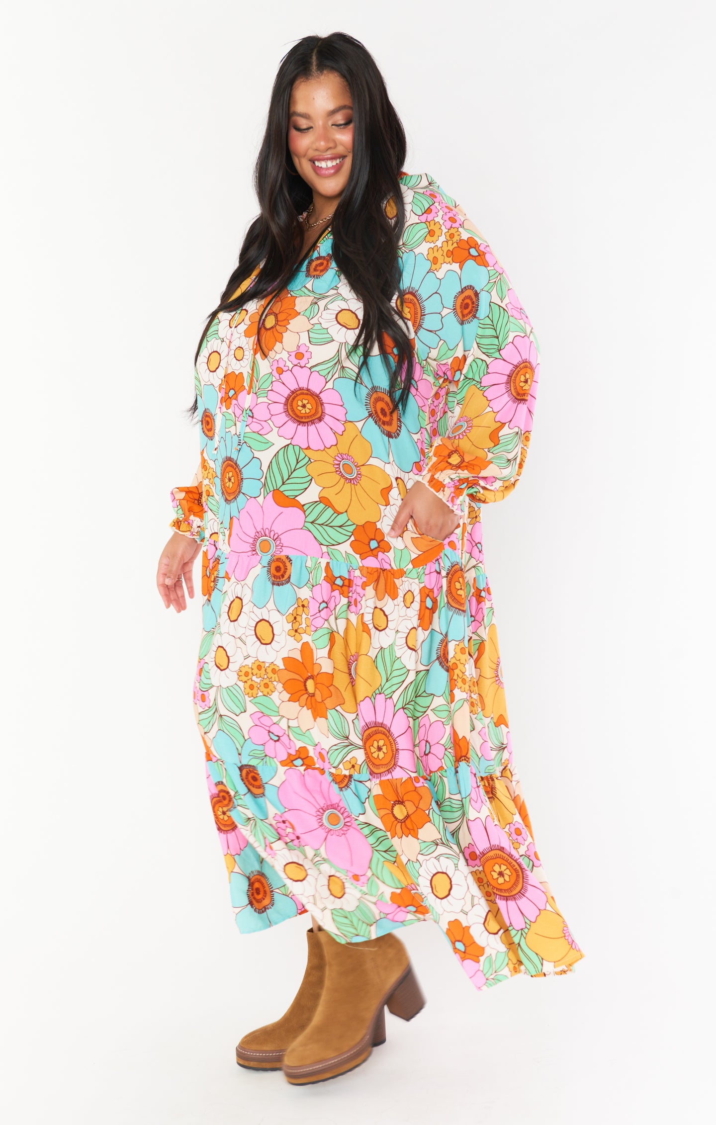 Floral Tiered Maxi Dress with V-Neck & Ties | Birdie