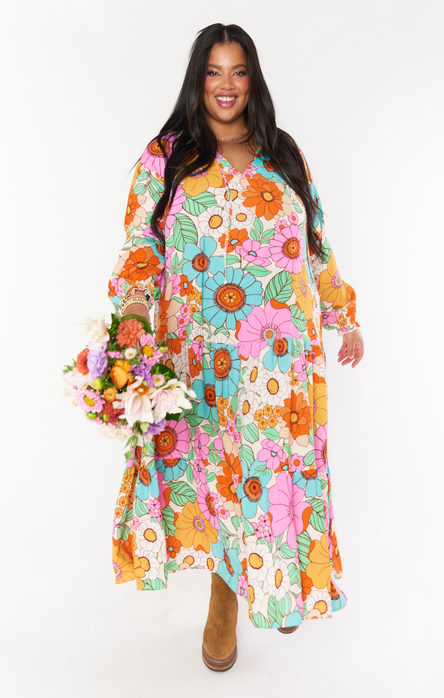 Floral Tiered Maxi Dress with V-Neck & Ties | Birdie