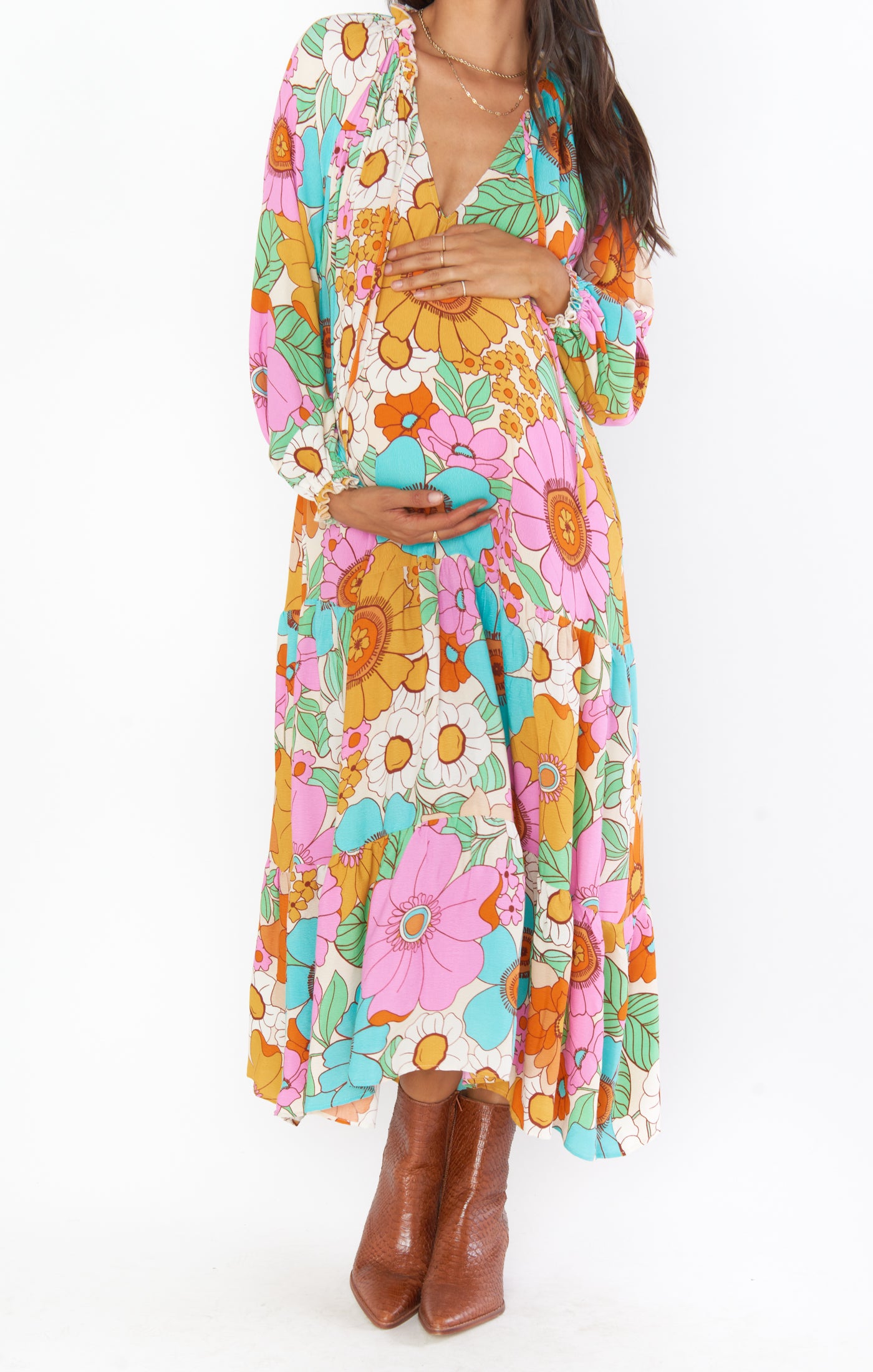 Floral Tiered Maxi Dress with V-Neck & Ties | Birdie