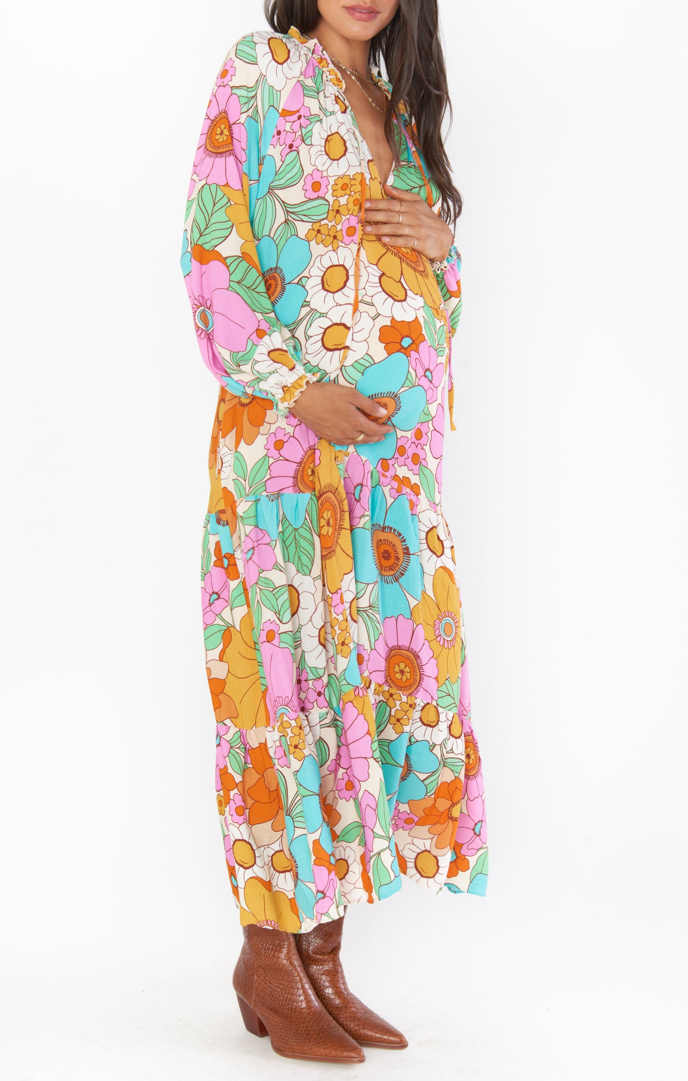Floral Tiered Maxi Dress with V-Neck & Ties | Birdie