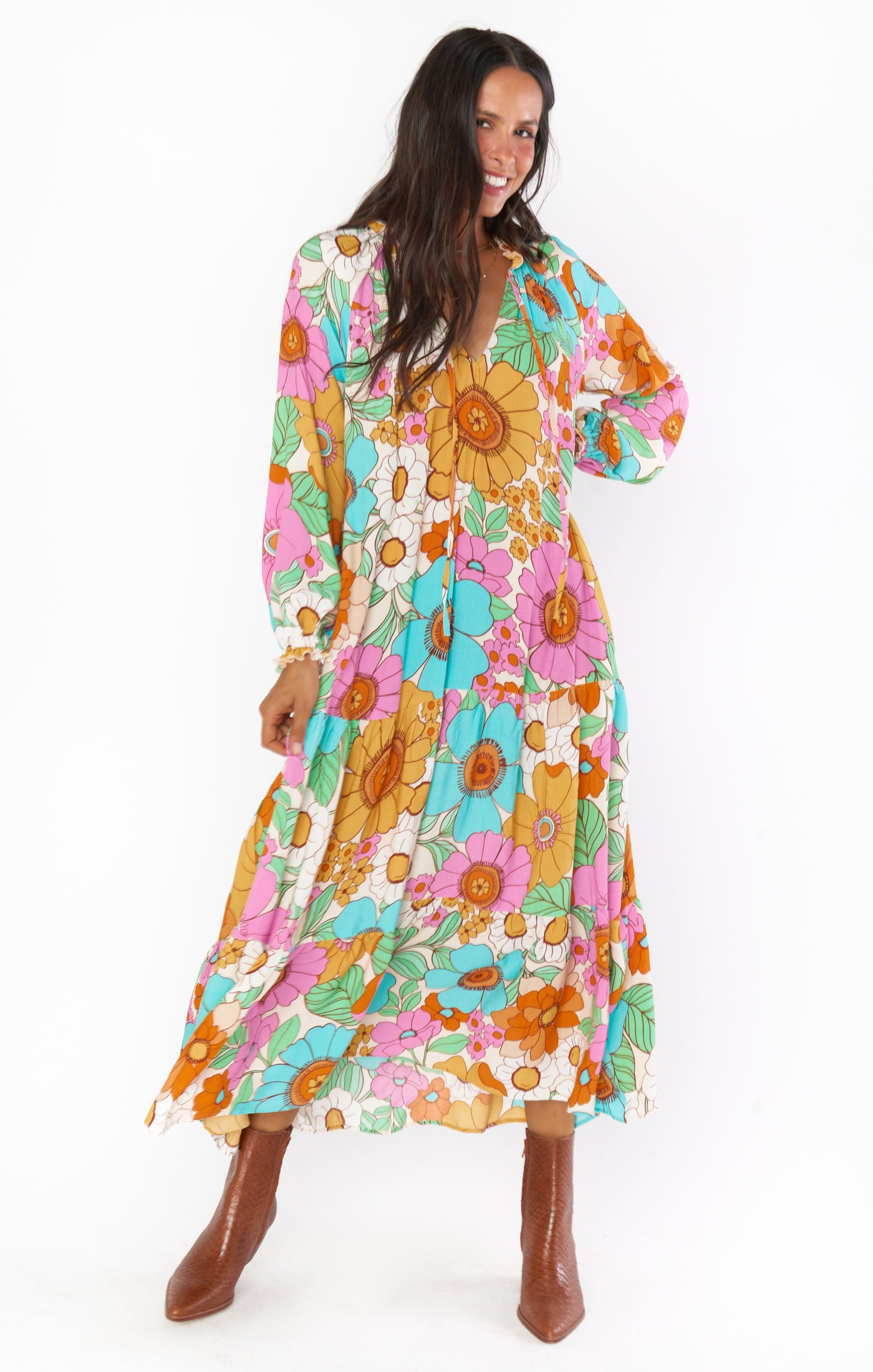 Floral Tiered Maxi Dress with V-Neck & Ties | Birdie